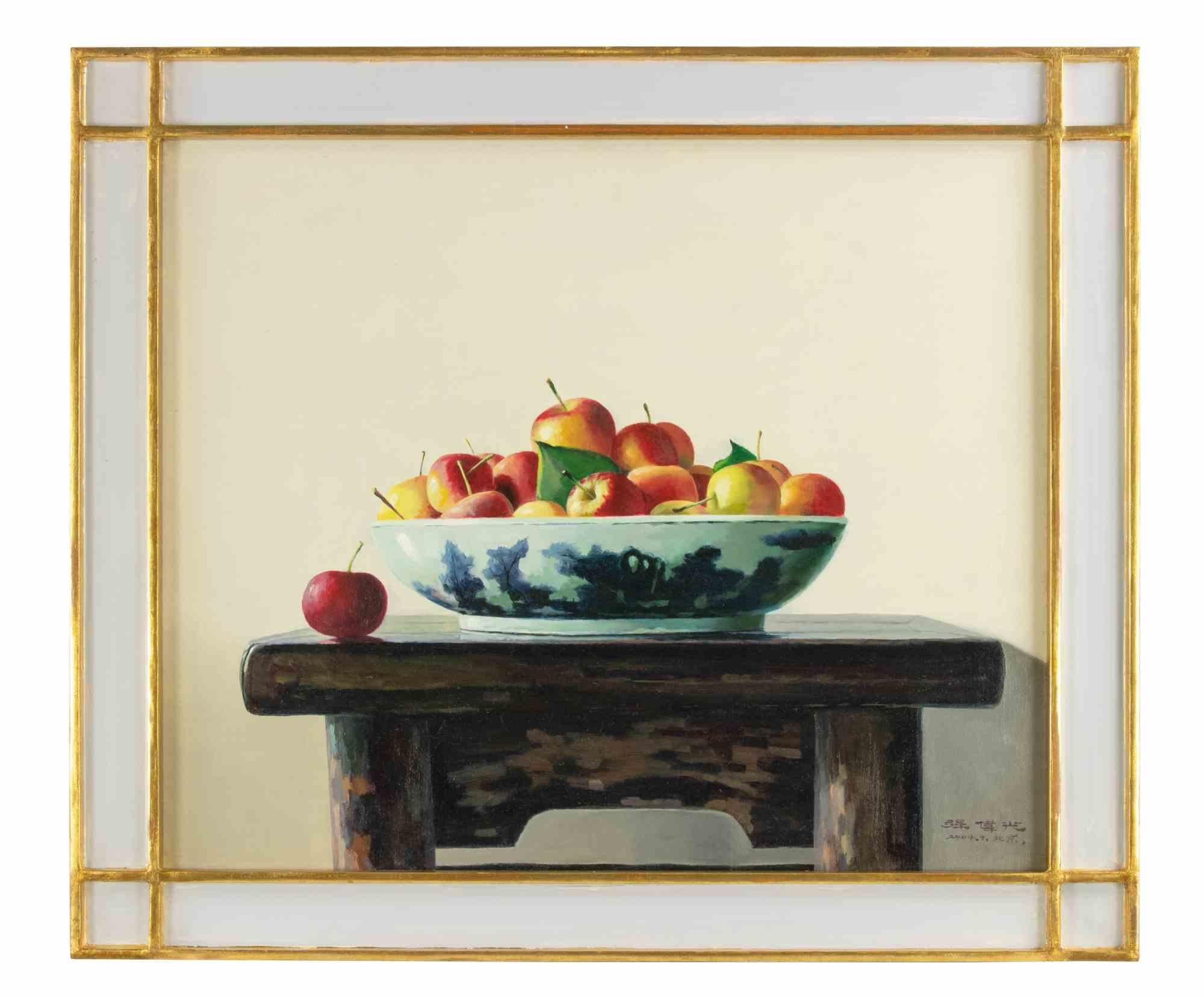 Apples on the Table is an original oil on canvas realized by the chinese painter Zhang Wei Guang (Mirror) in 2008.

Hand signed and dated on the lower margin.

Includes frame: 60 x 70.5 cm

Zhang Wei Guang, also called ‘mirror' was born in Helong