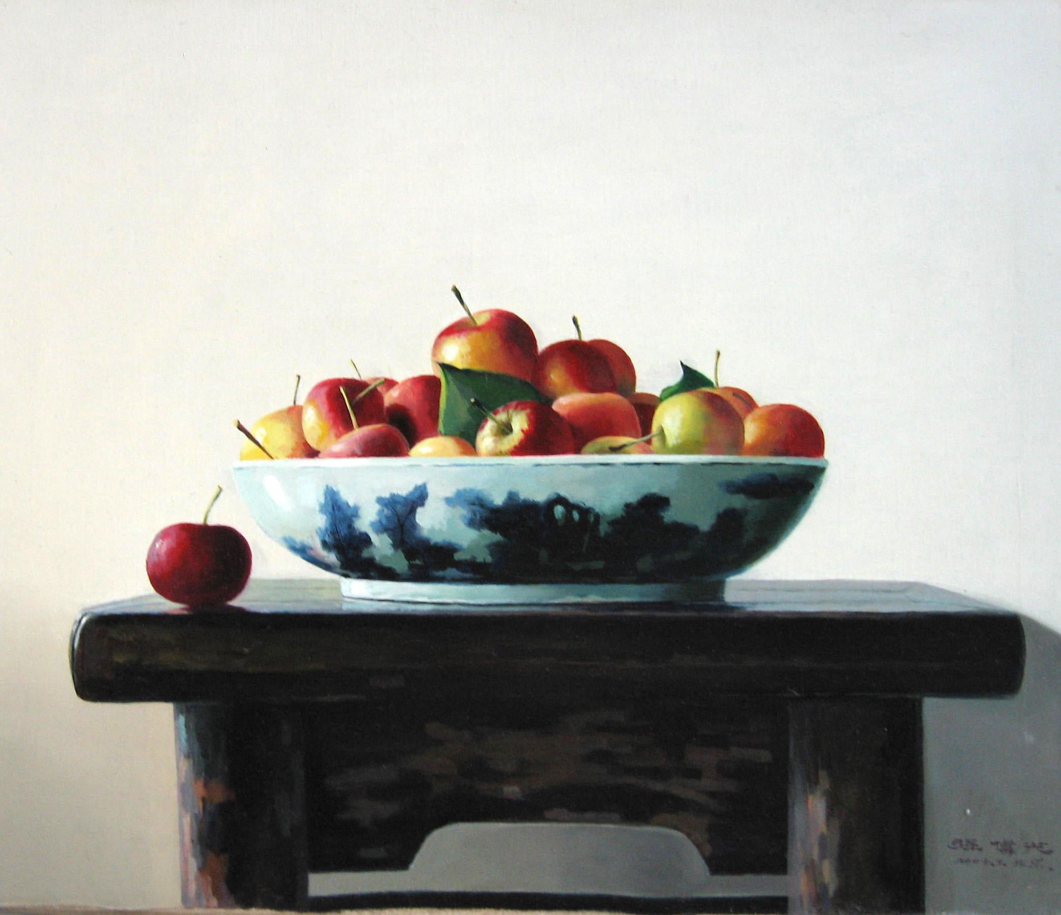 Apples on the Table is an original oil on canvas realized by the chinese painter Zhang Wei Guang (Mirror) in 2008.
Excellent conditions.

Zhang Wei Guang, also called ‘mirror' was born in Helong Jang, China in 1968. He studied at the Haierbin