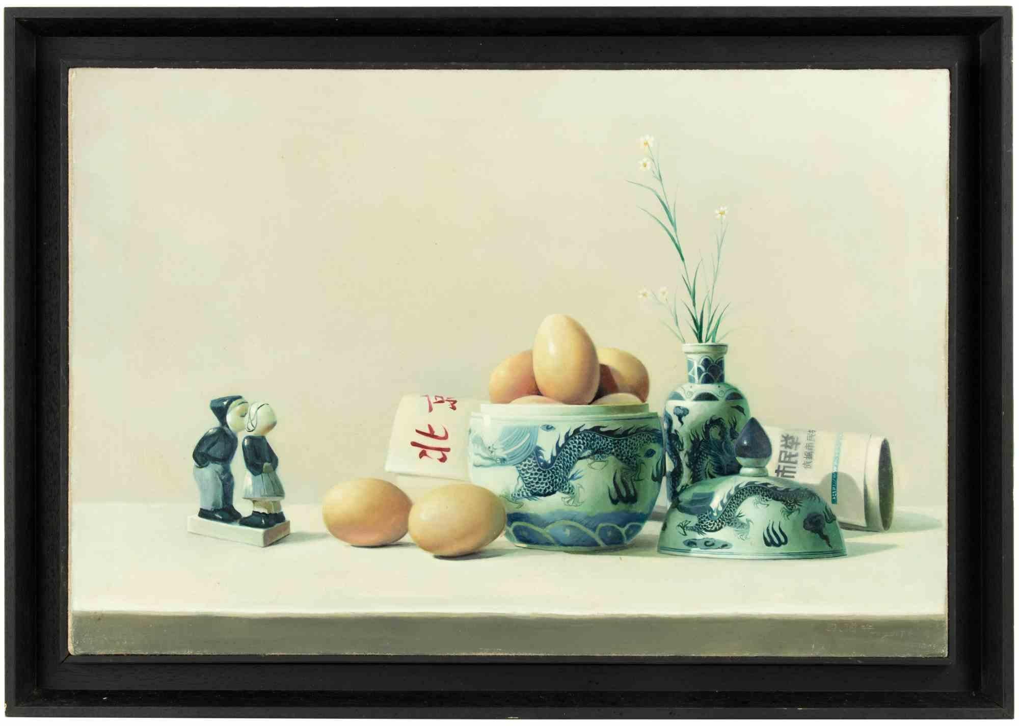 Breakfast is an oil painting realized  by Zhang Wei Guang (Mirror) in 2000s.

Includes frame.

Signature and various signs in Chinese calligraphy on the back.

Very Good conditions.

Zhang Wei Guang , also called ‘mirror' was born in Helong Jang,