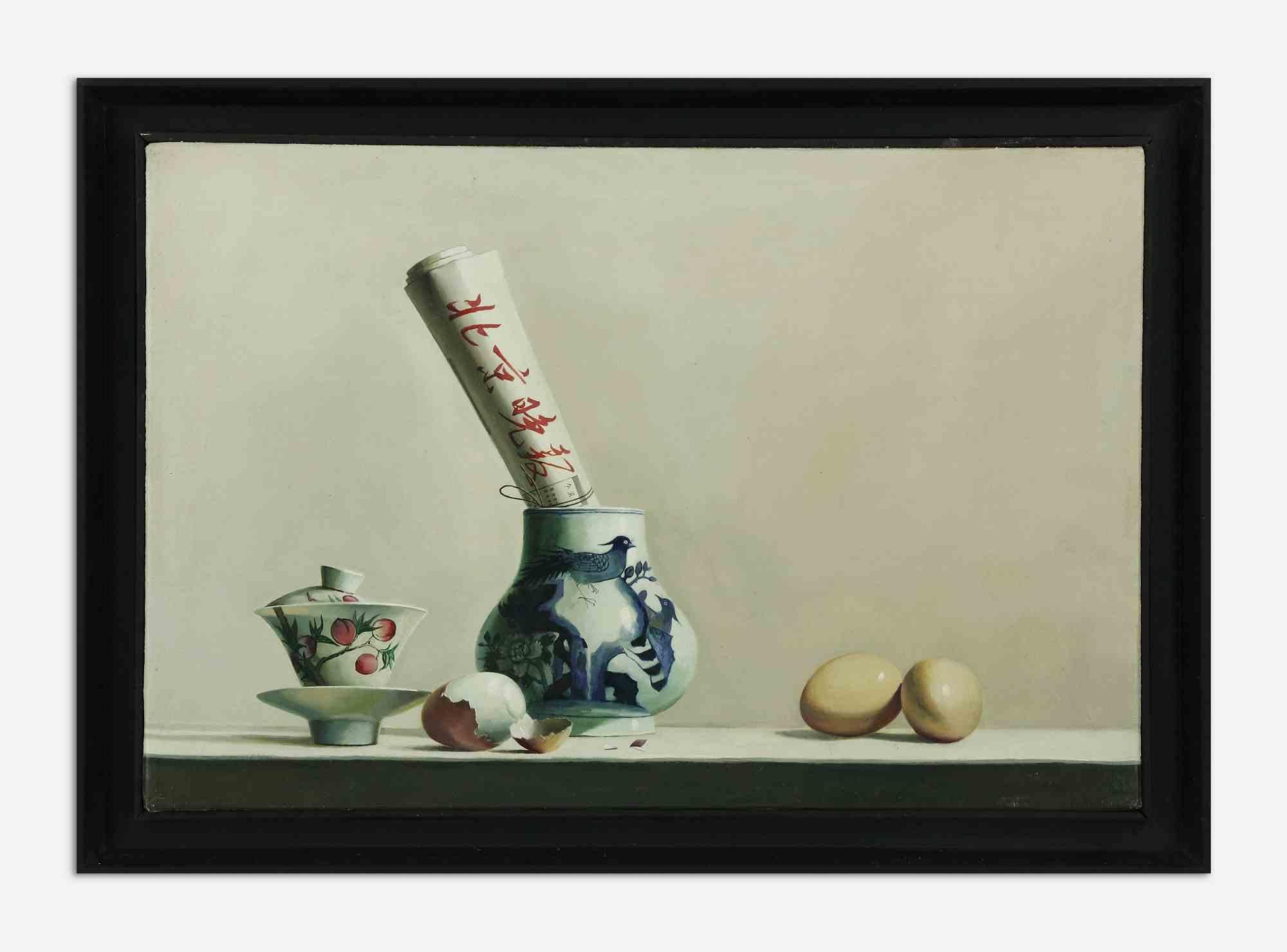 Breakfast is an original oil painting realized in 2007 by Zhang Wei Guang (Mirror).

Beautiful oil painting on canvas. 

Includes frame 50.5 x 3.5 x 60.5 cm

Hand-signed and dated on the back.

Good conditions.

Zhang Wei Guang , also called