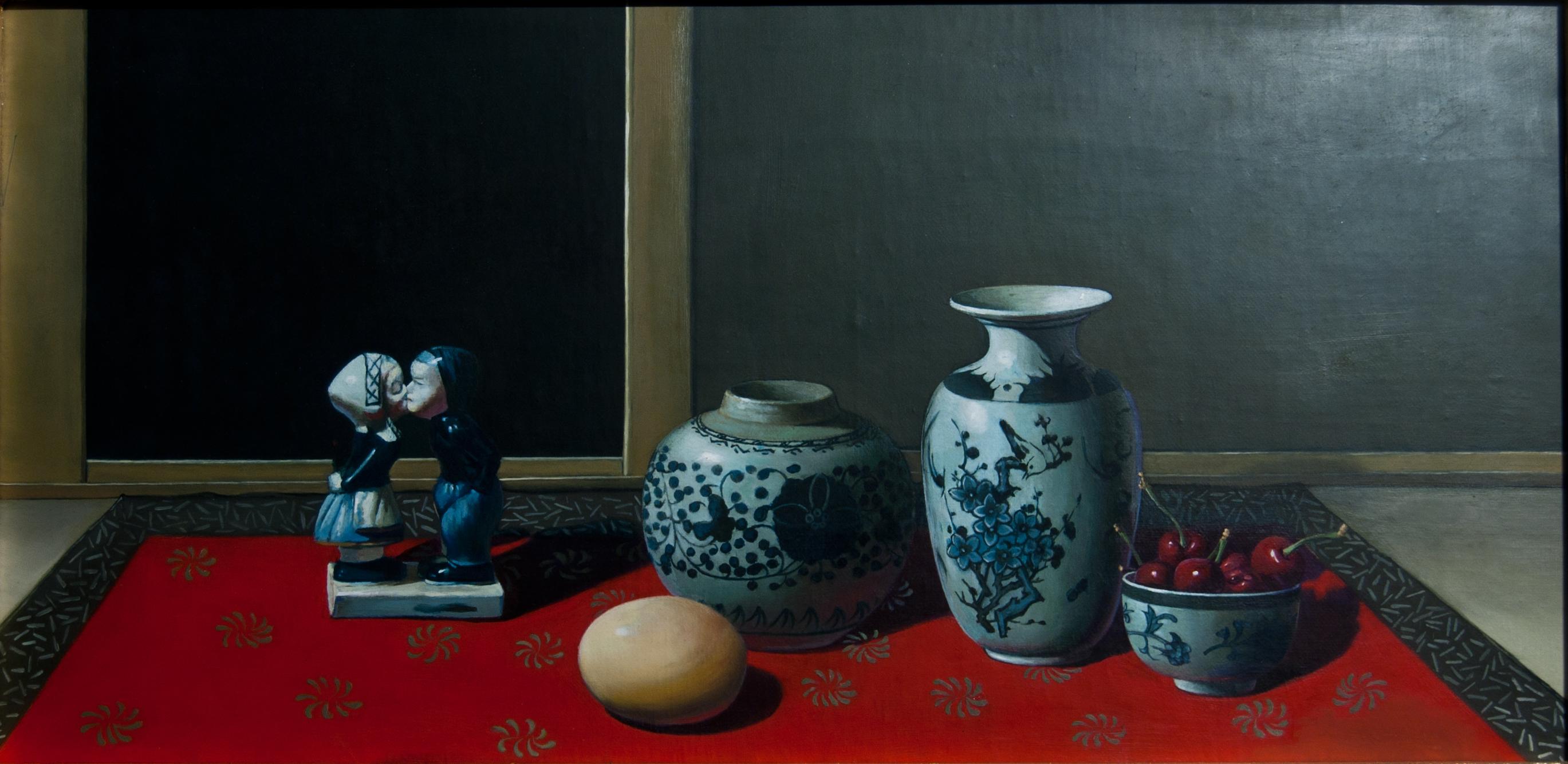 Ceramics, Cherries and Egg - Oil on Canvas by Zhang Wei Guang - 2000s