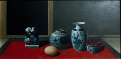 Céramique, cerises et œuf - Huile sur toile de Zhang Wei Guang - années 2000