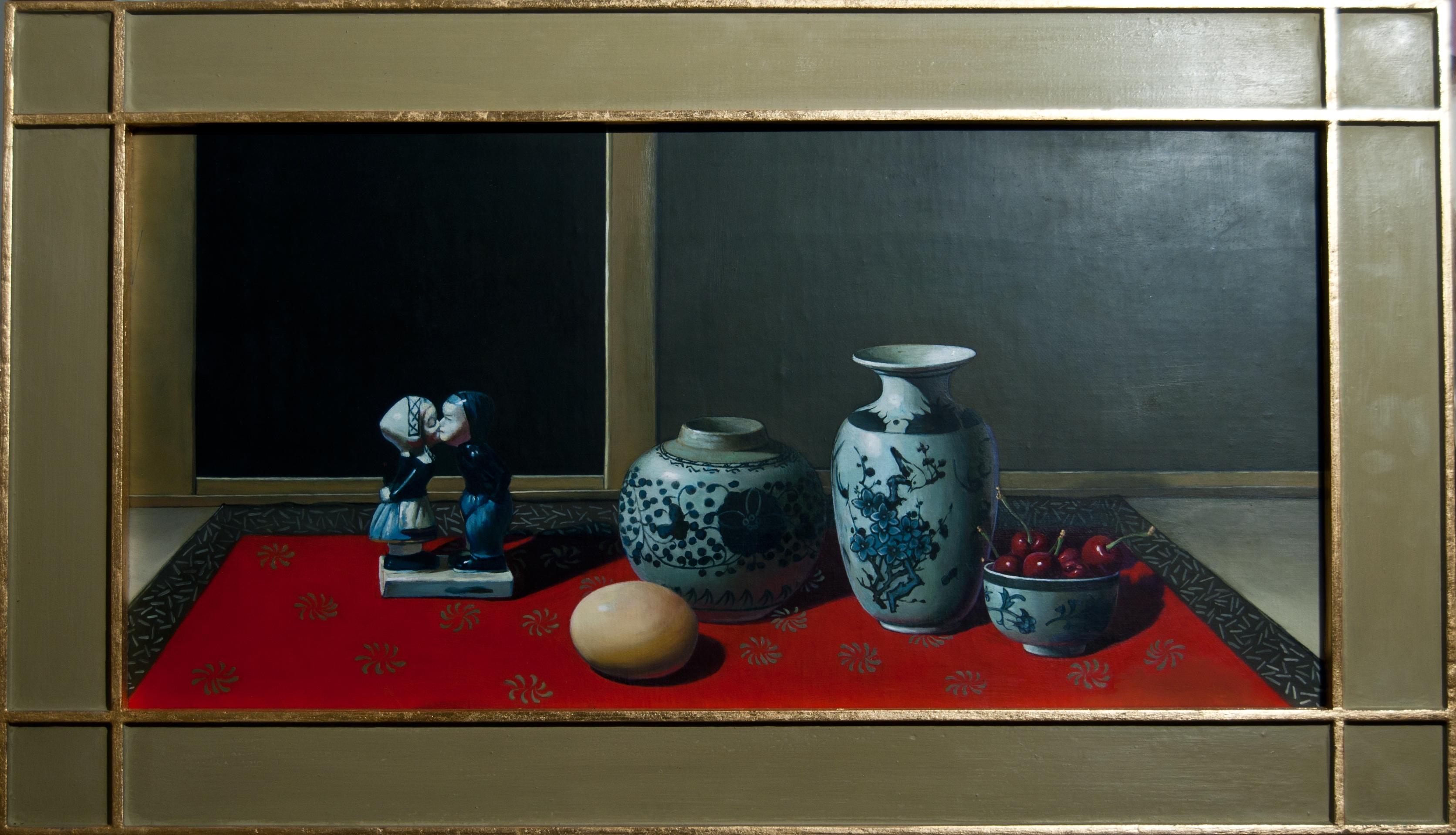 Ceramics Cherries and Egg is an original oil on canvas realized by the chinese painter Zhang Wei Guang (Mirror) in the early 2000s.
Excellent conditions.

Zhang Wei Guang, also called ‘mirror' was born in Helong Jang, China in 1968. He studied at