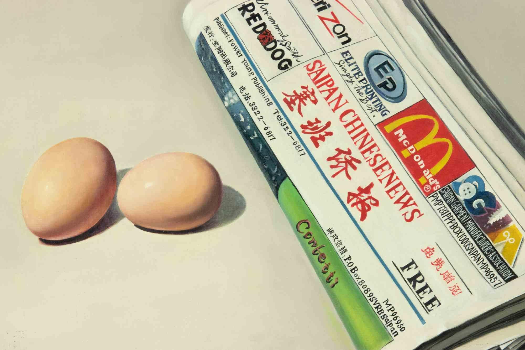 Eggs and Newspaper - Oil Painting by Zhang Wei Guang - 2006 For Sale 1
