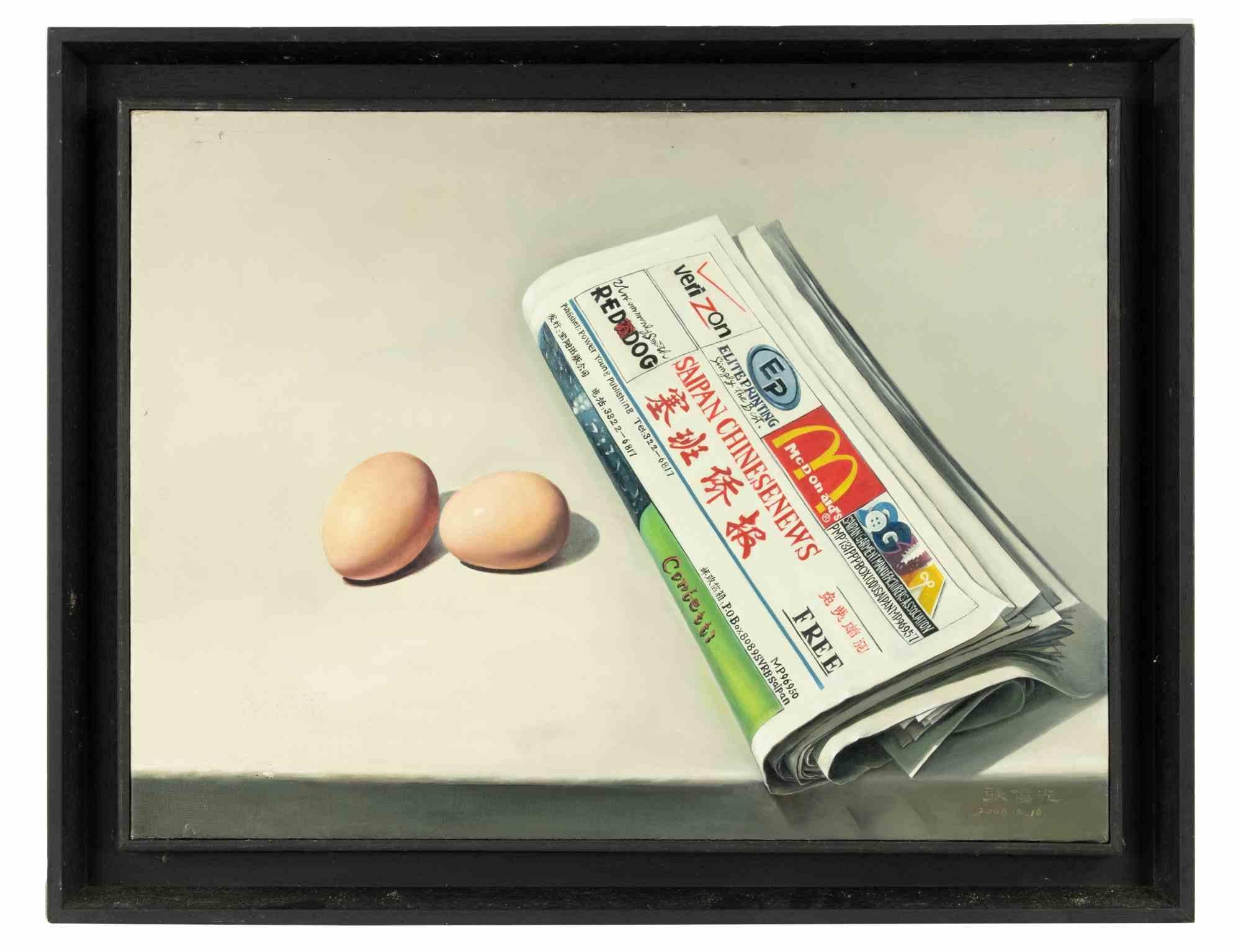 Eggs and newspaper is an original oil painting realized  by Zhang Wei Guang (Mirror) in 2006.

Includes frame.

Hand signed on the lower right.

Signature and various signs in Chinese calligraphy on the back.

Excellent condition.

Zhang Wei Guang ,