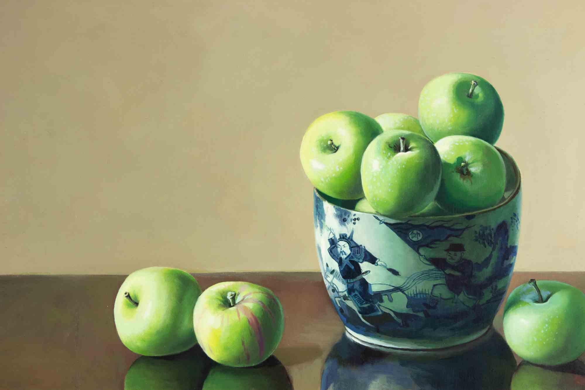 Green Apples on Table - Oil Painting by Zhang Wei Guang - 2010s For Sale 2