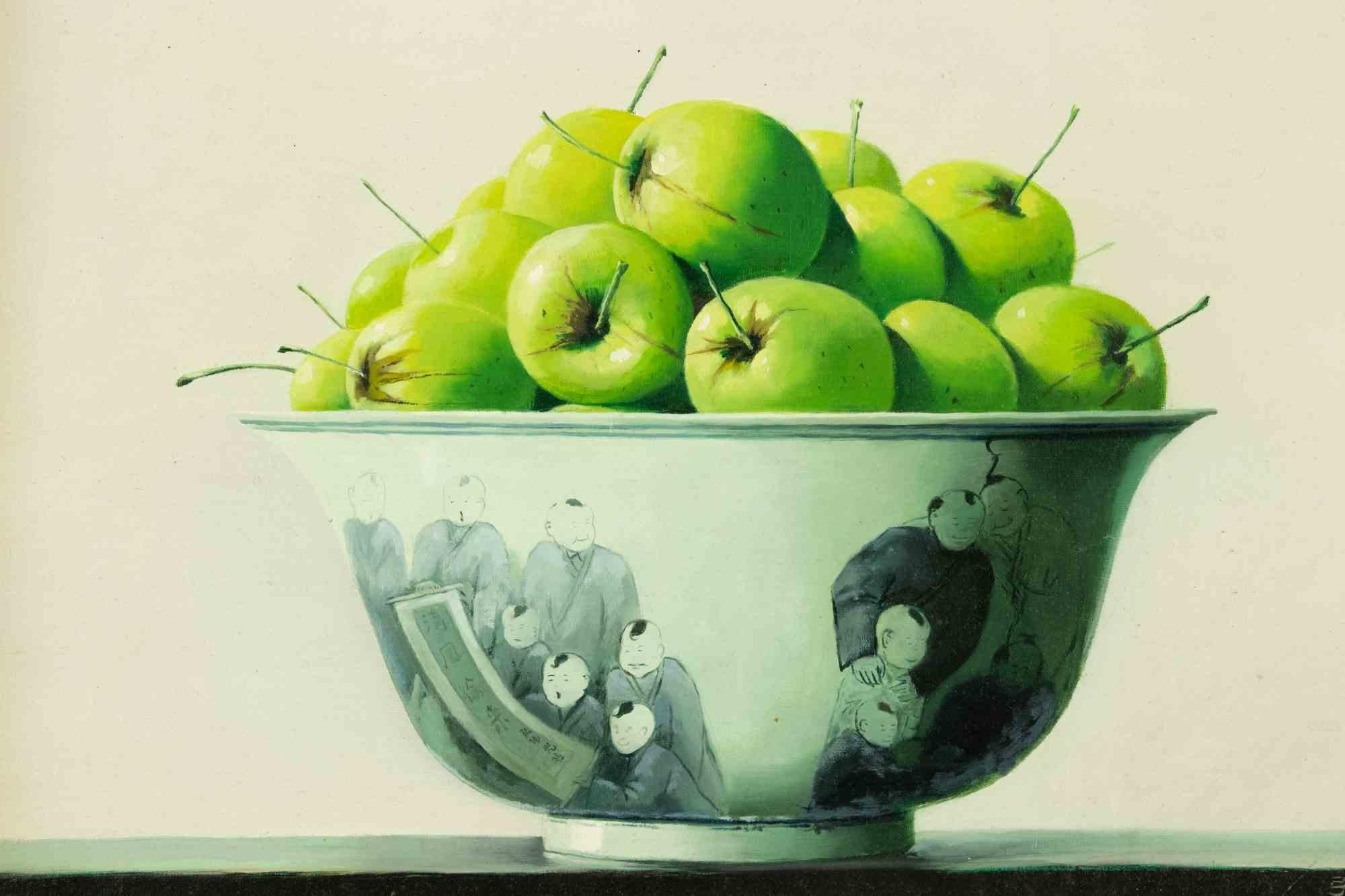 Green Apples is an original oil painting realized  by Zhang Wei Guang (Mirror) in 2000s.

Includes frame.

Hand signed on the lower right margin.

Signature and various signs in Chinese calligraphy on the back.

Good conditions.

Zhang Wei Guang ,