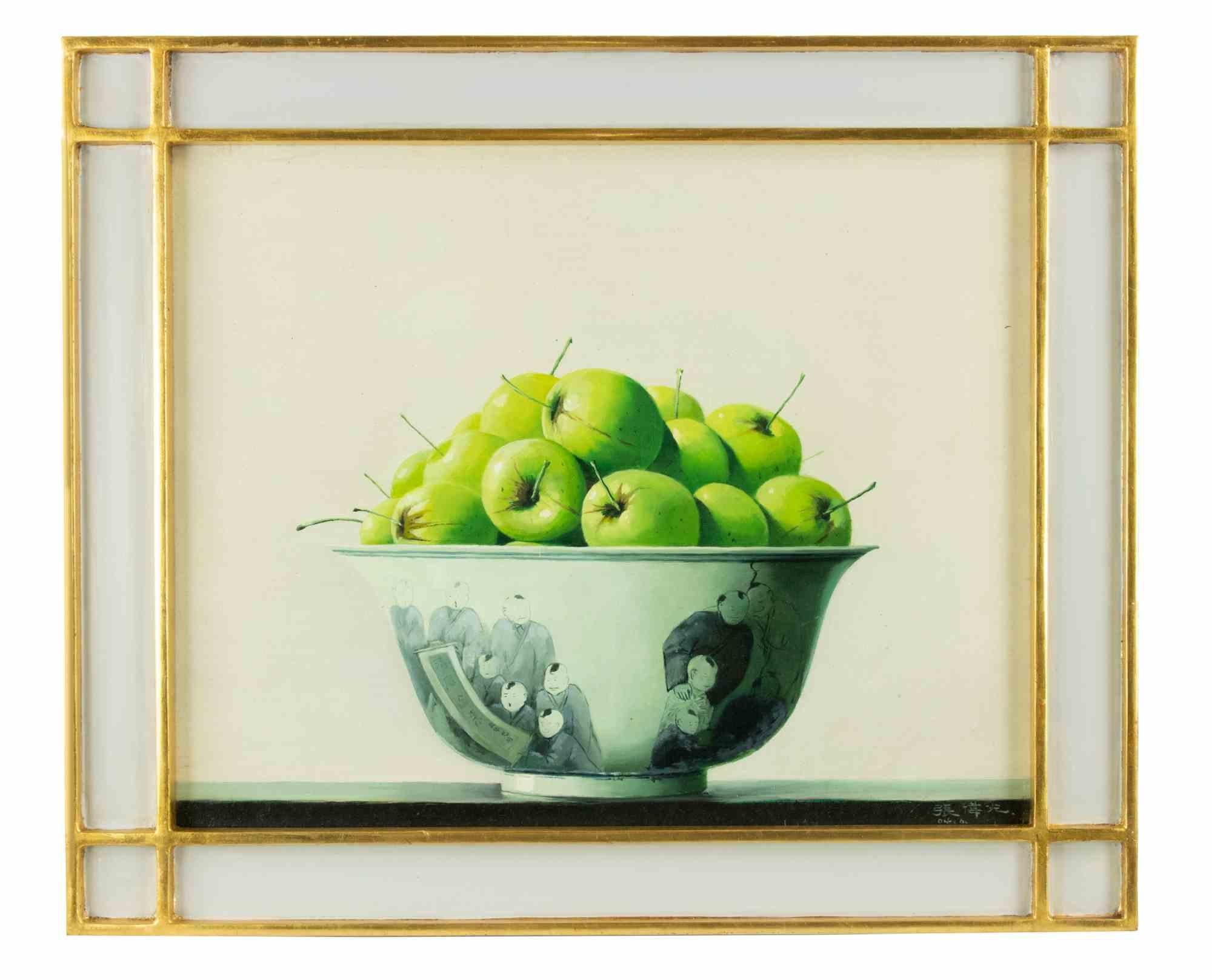 Grüne Äpfel ist ein Original-Ölgemälde realisiert  von Zhang Wei Guang (Mirror) in den 2000er Jahren.

Einschließlich Rahmen.

Handsigniert am unteren rechten Rand.

Signatur und verschiedene Zeichen in chinesischer Kalligrafie auf der