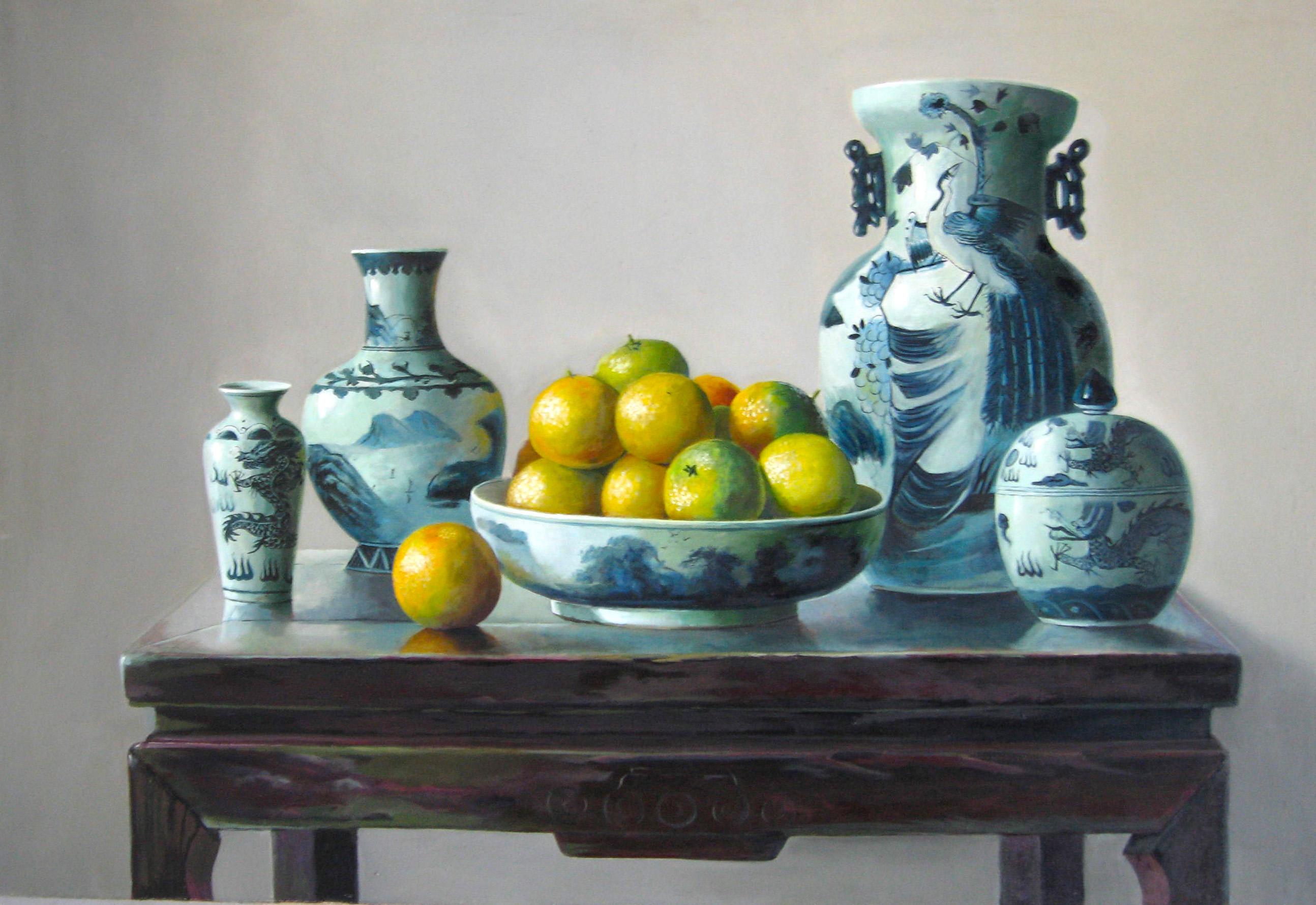 Orangen ist ein Original Öl auf Leinwand des chinesischen Malers Zhang Wei Guang (Mirror) aus dem Jahr 1998.
Ausgezeichnete Bedingungen.

Zhang Wei Guang , auch "Spiegel" genannt, wurde 1968 in Helong Jang, China, geboren. Er studierte an der