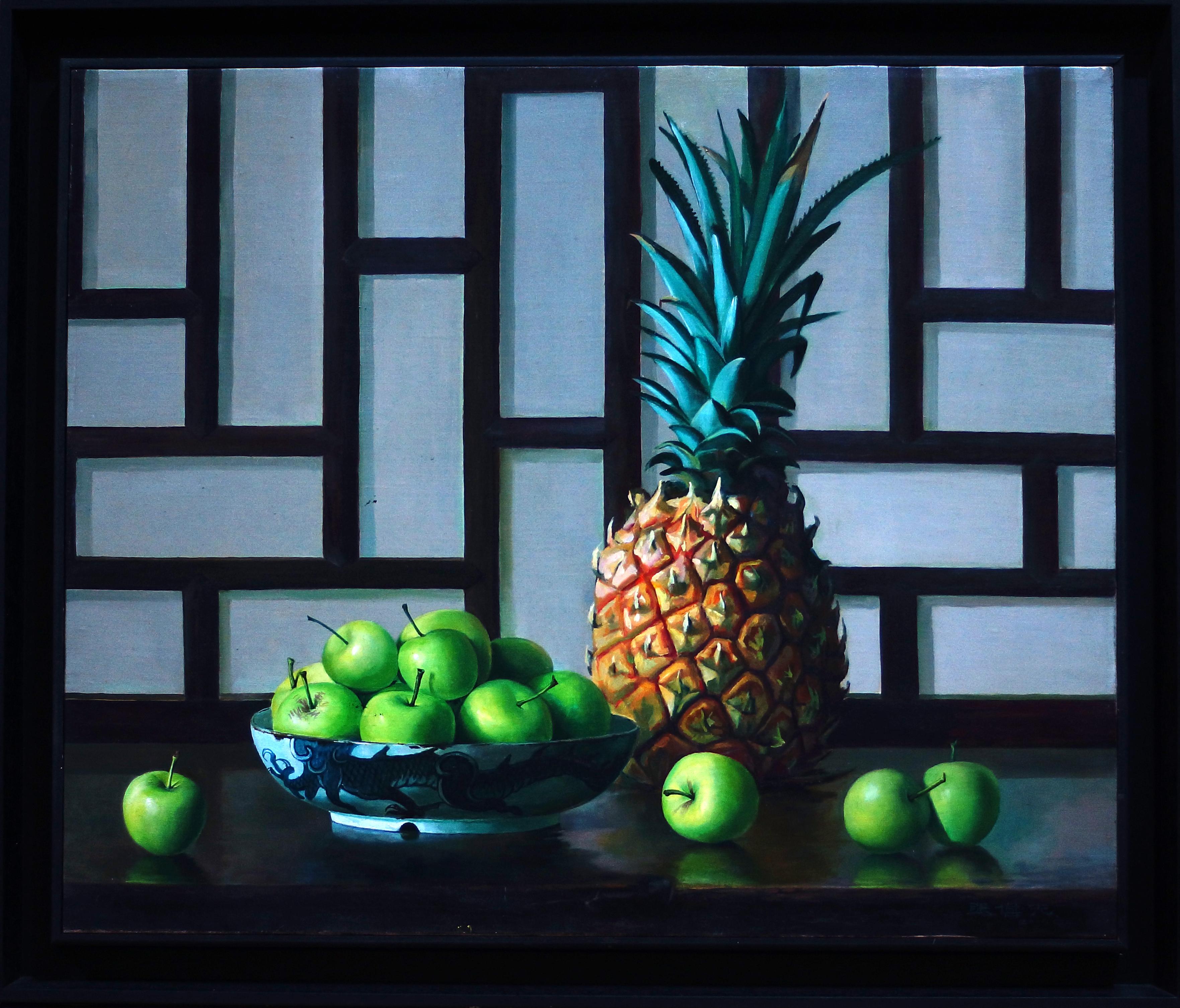 Pineapple and Apples is an original oil on canvas realized by the chinese painter Zhang Wei Guang (Mirror) in 2001.
Excellent conditions.

Zhang Wei Guang, also called ‘mirror' was born in Helong Jang, China in 1968. He studied at the Haierbin