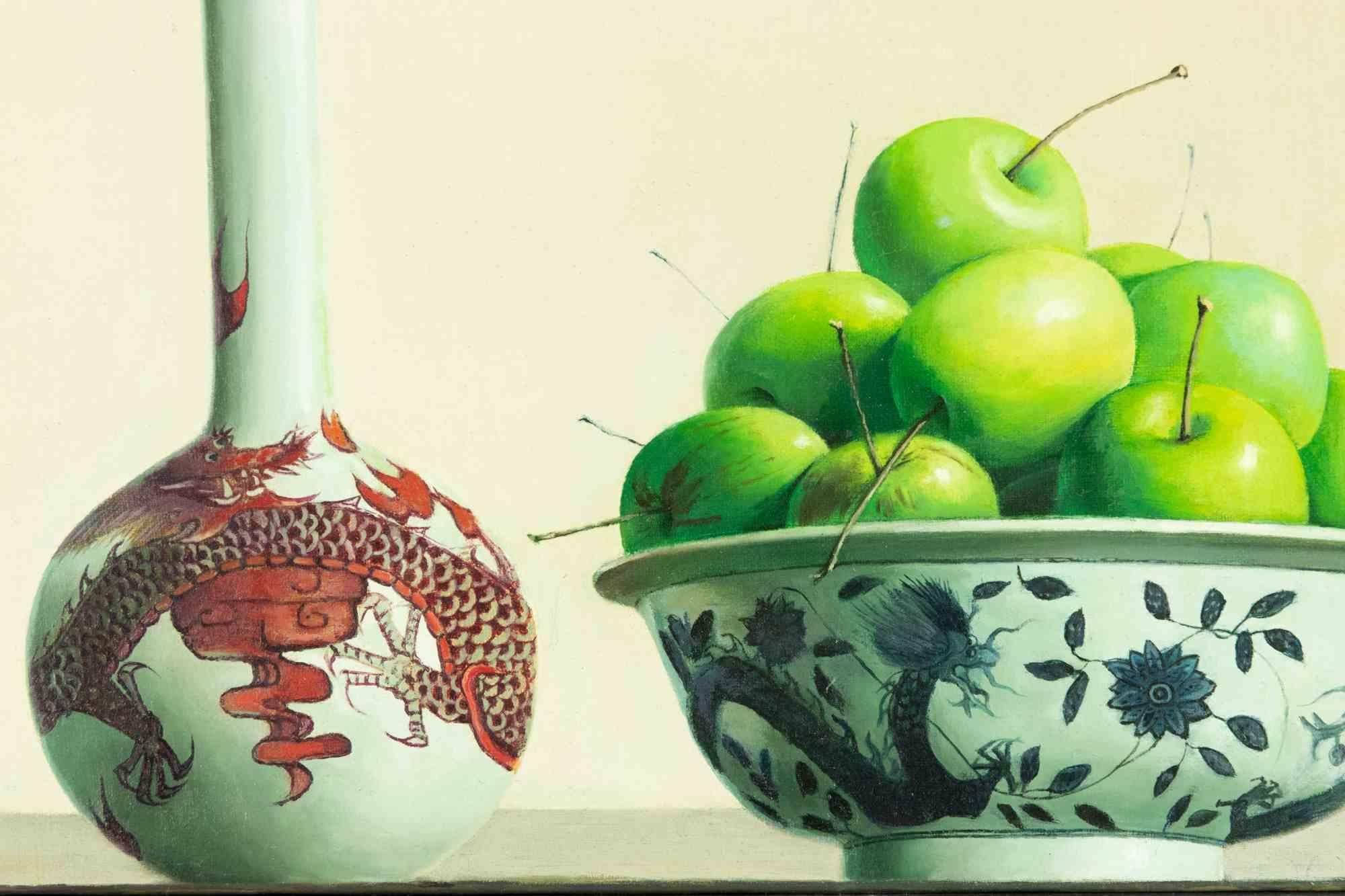 Still Life with Apples and Bottle  is an oil painting realized in 2006 by Zhang Wei Guang (Mirror).

Beautiful oil painting on canvas. 

Includes frame.

Hand-written notes on the back

Zhang Wei Guang , also called ‘mirror' was born in Helong Jang,