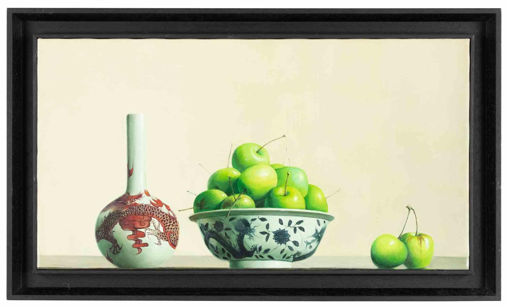 Natura morta con mele e bottiglia - Pittura a olio di Zhang Wei Guang - 2006
