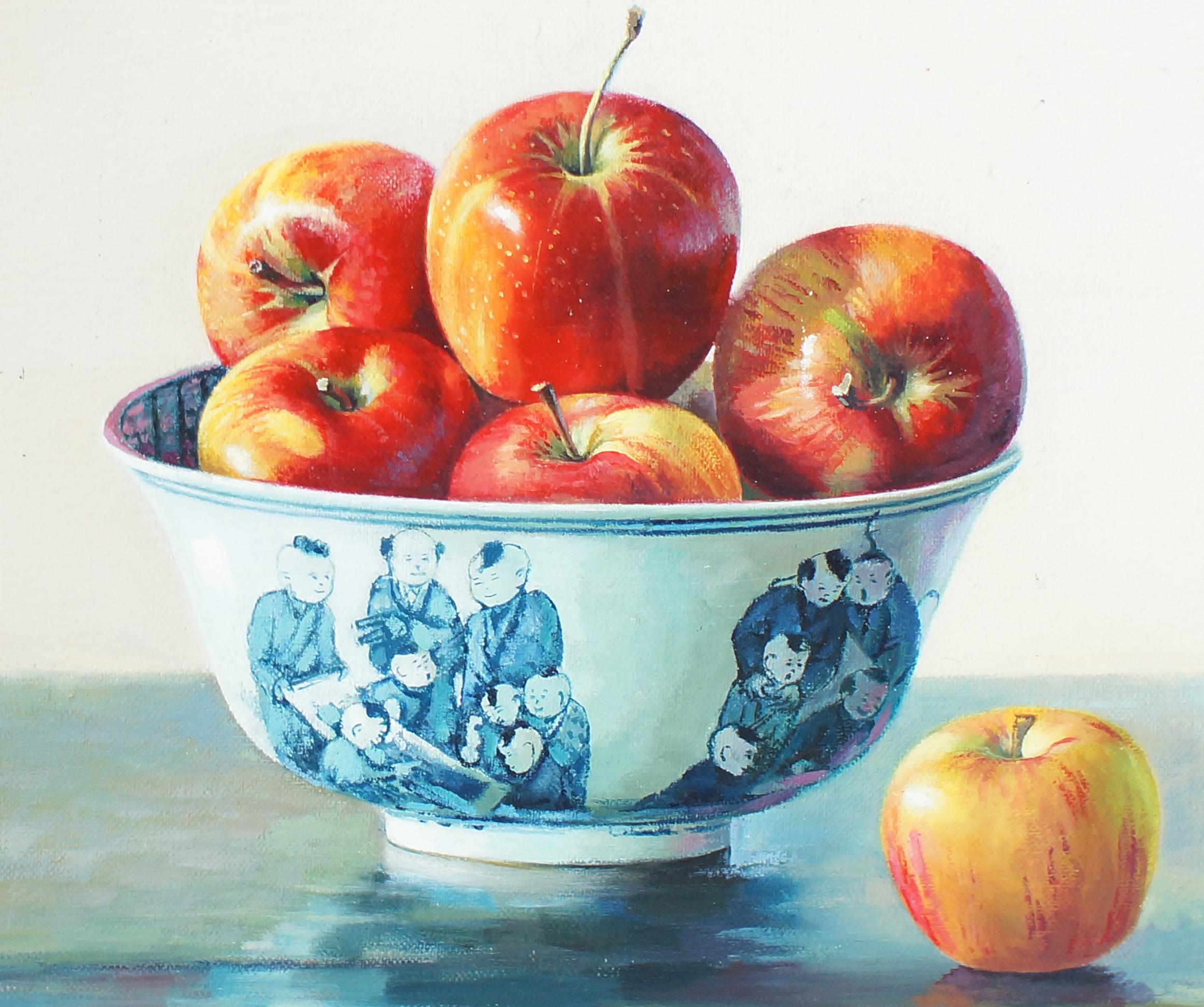 Still Life wit Apples in a chinese porcelain pot by the chinese painter Zhang Wei Guang (Mirror).
Excellent conditions.

Zhang Wei Guang, also called ‘mirror' was born in Helong Jang, China in 1968. He studied at the Haierbin Teacher University and