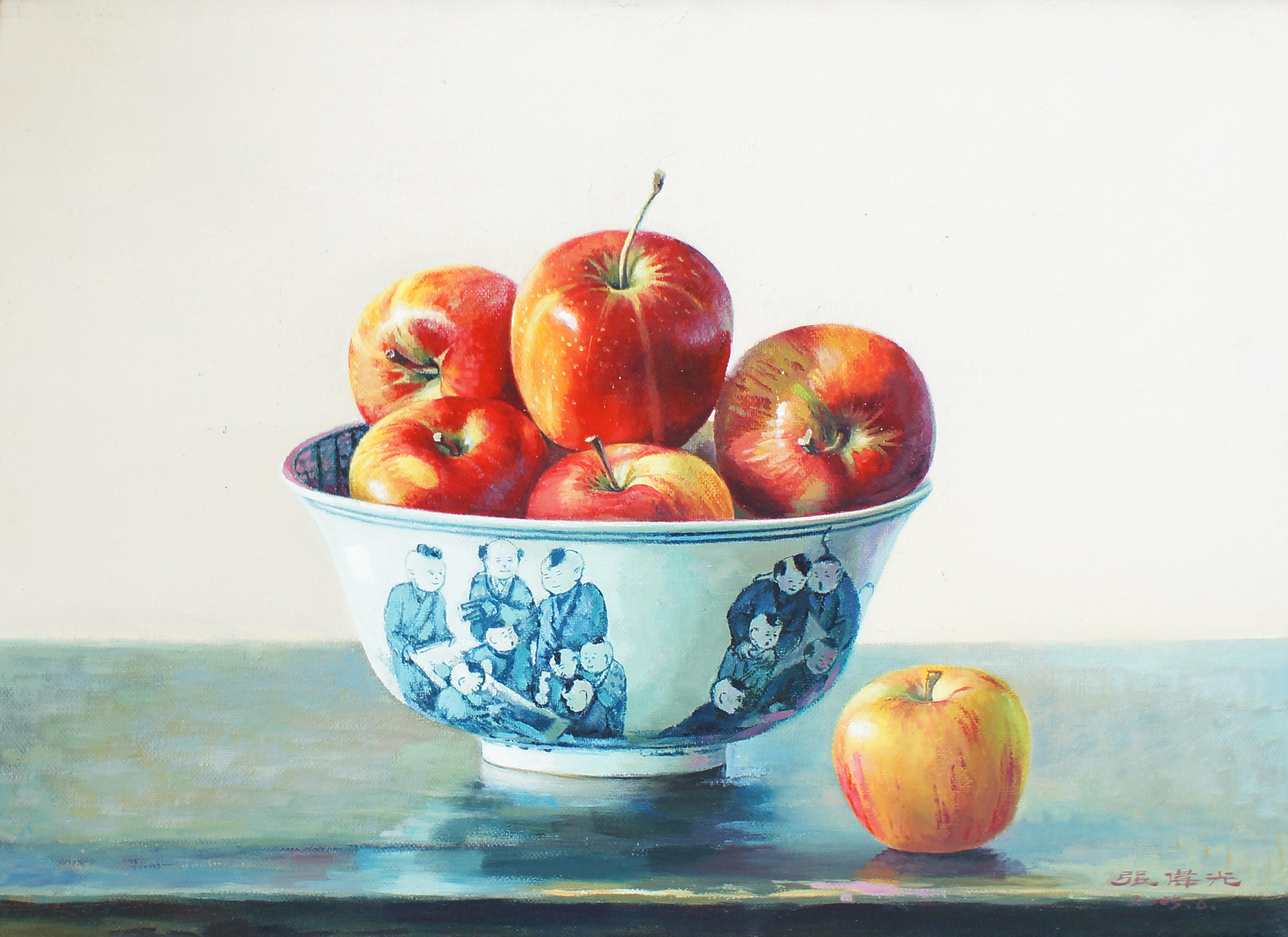 Nature morte aux pommes dans un pot en porcelaine chinoise par le peintre chinois Zhang Wei Guang (Miroir).
Excellentes conditions.

Zhang Wei Guang, également appelé "miroir", est né à Helong Jang, en Chine, en 1968. Il a étudié à l'université des