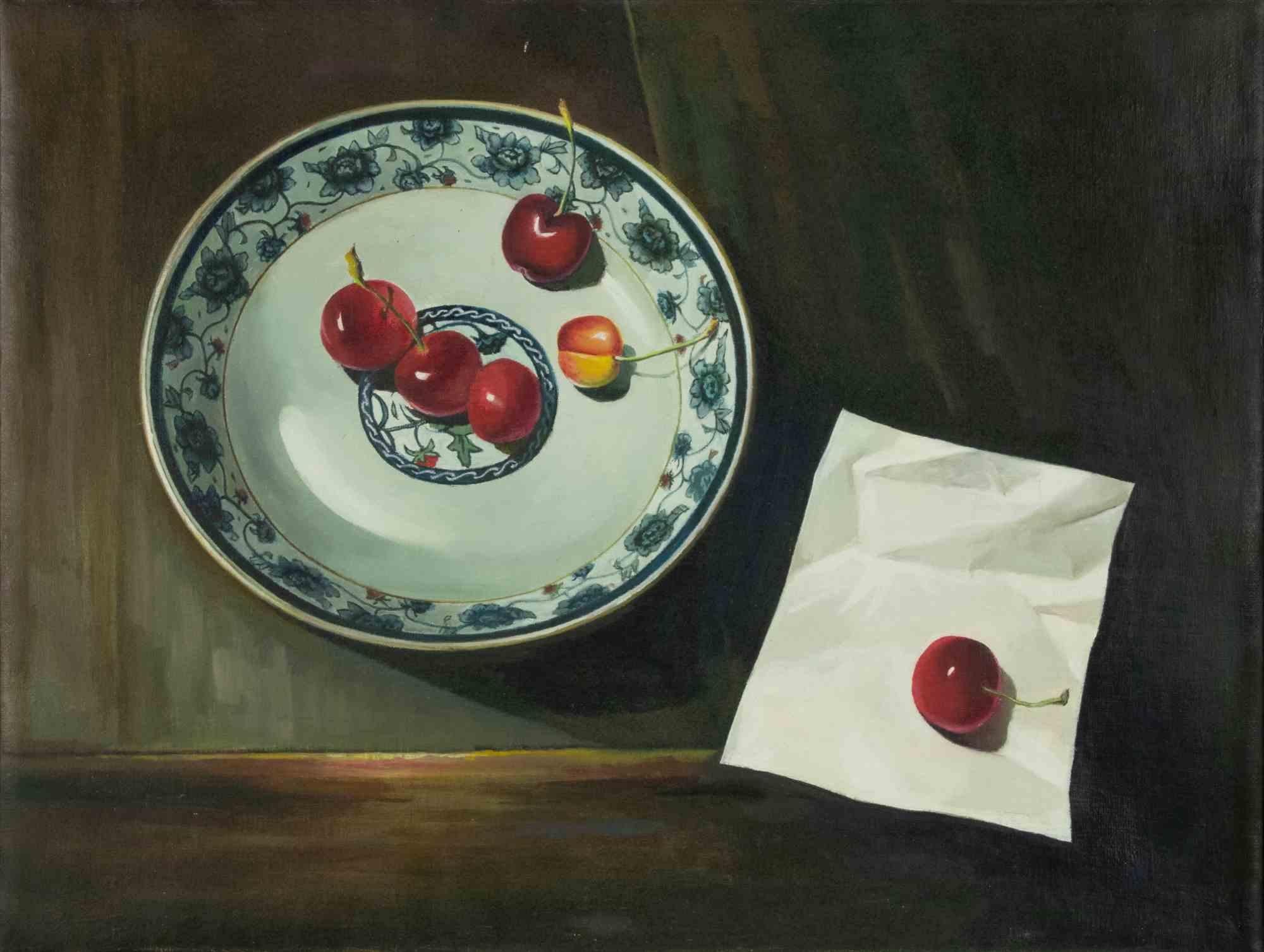 Still Life with Cherries -  Oil Painting by Zhang Wei Guang - 2000s For Sale 1