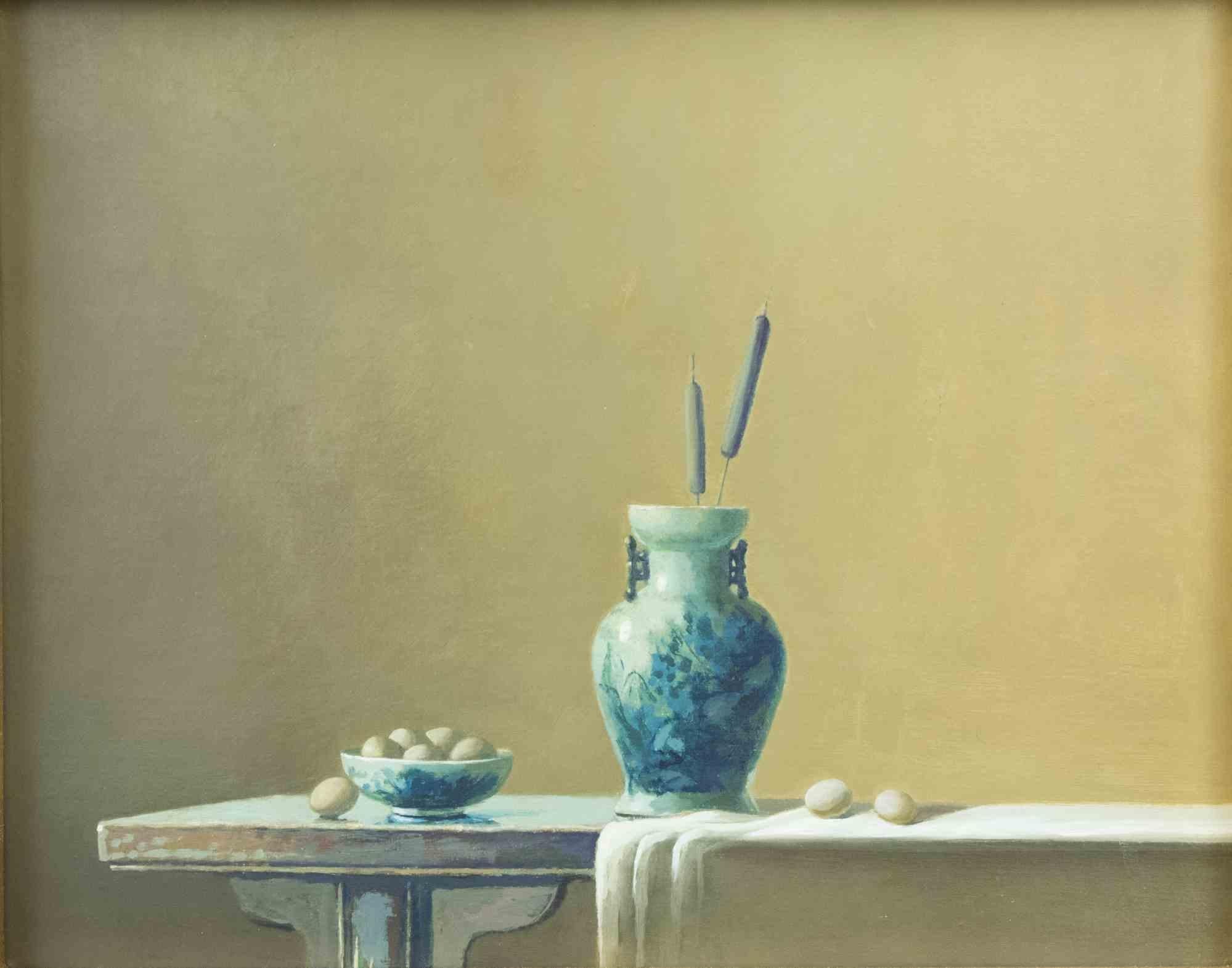 Vase et Œufs est une peinture à l'huile originale réalisée  par Zhang Wei Guang (Miroir) dans les années 2000.

Inclut le cadre.

Bonnes conditions.

Zhang Wei Guang, également appelé "miroir", est né à Helong Jang, en Chine, en 1968. Après avoir