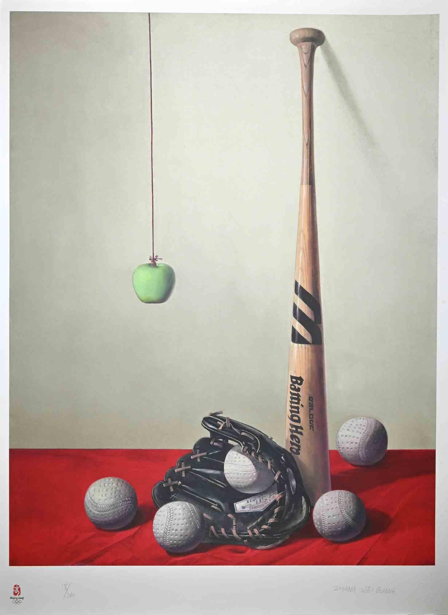 Baseball (Olympic Games Beijing 2008) is an original lithography print realized by Zhang Wei Guang (Mirror). 
This artwork is from the portfolio The Unique Collection for the Olympic Fine Arts 2008 presented during the Olympic Games and produced in