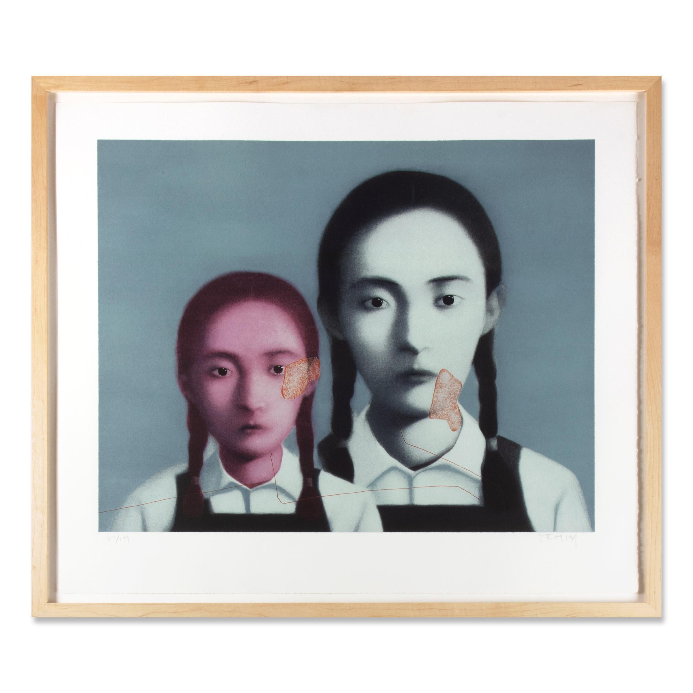Zhang Xiaogang/ 張曉剛 (Chinese, b. 1958 Kunming)
Two Sisters, 2003
Medium: Lithograph on wove paper
Sheet dimensions: 63.5 x 74.5 cm
Frame dimensions: 70 x 80.5 x 3 cm
Edition of 199: Hand-signed and numbered in pencil
