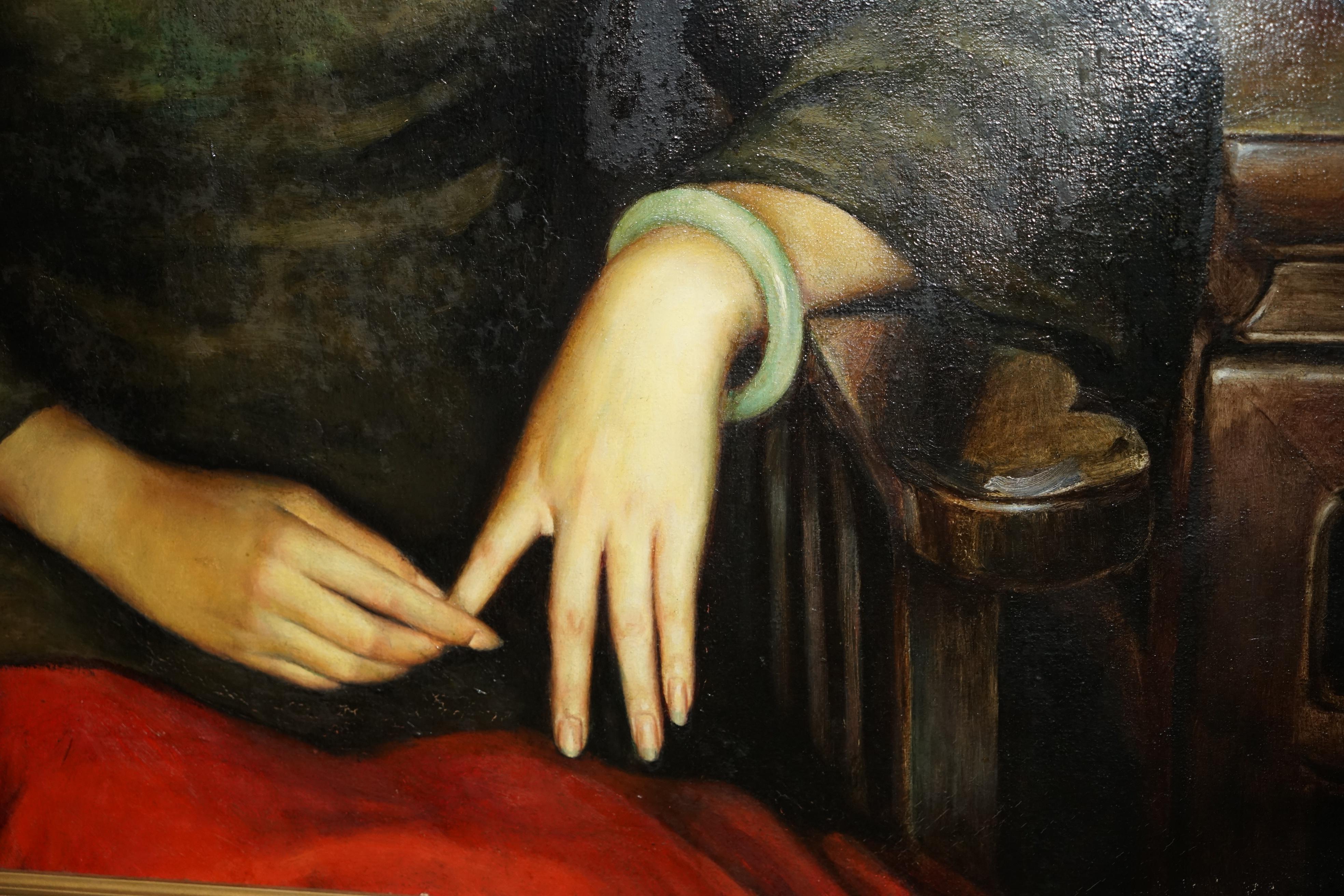 ZHANG YIZHI LARGE 117 X 98CM OIL ON CANvas PAINTED PORTRAiT OF A SEATED LADY im Angebot 5
