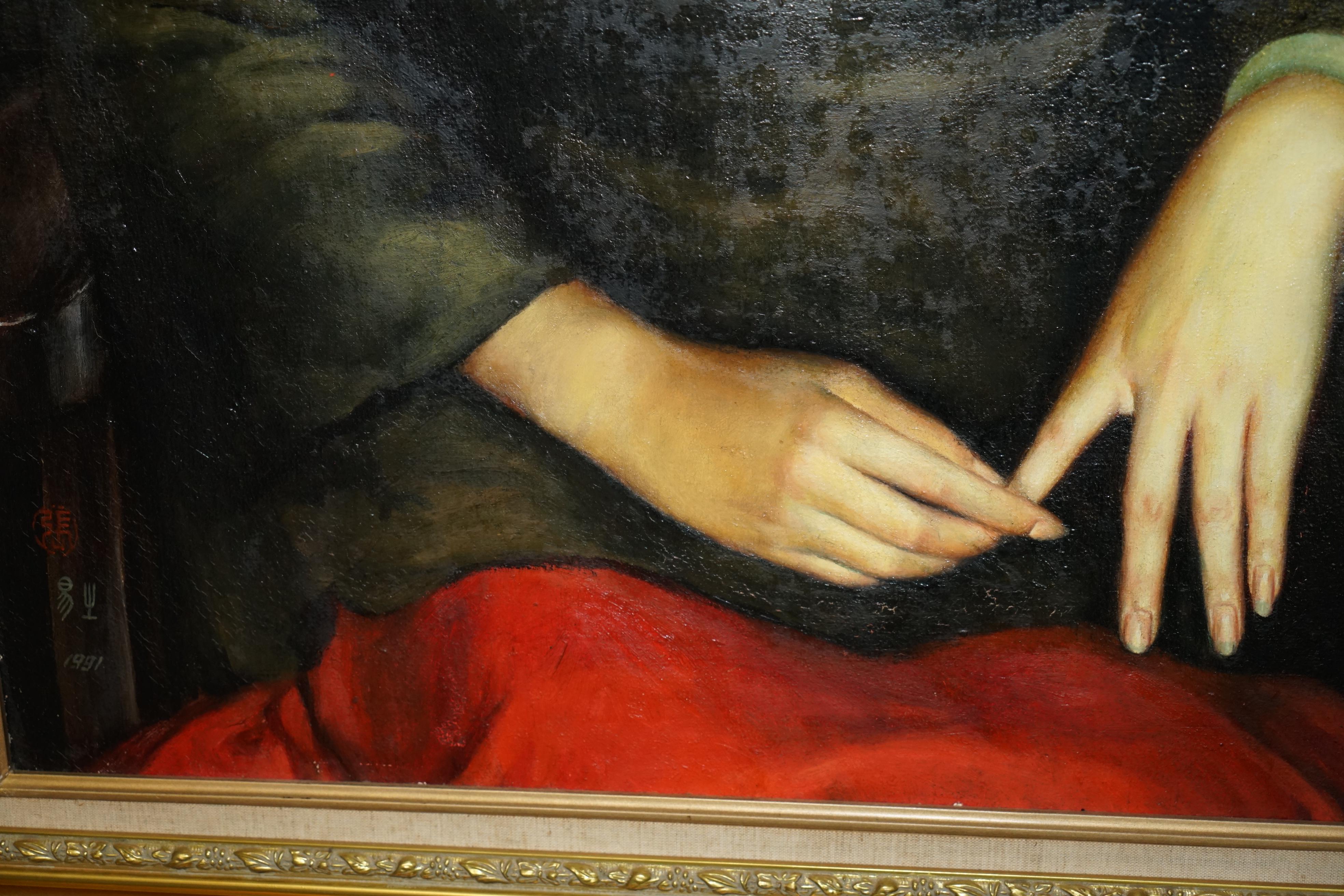ZHANG YIZHI LARGE 117 X 98CM OIL ON CANvas PAINTED PORTRAiT OF A SEATED LADY im Angebot 6