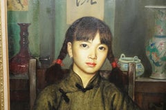 ZHANG YIZHI LARGE 117 X 98CM OIL ON CANvas PAINTED PORTRAiT OF A SEATED LADY