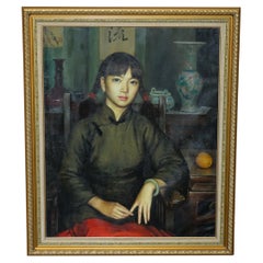 ZHANG YIZHI LARGE 117 X 98CM OIL ON CANVAS PAINTED PORTRAiT OF A SEATED LADY
