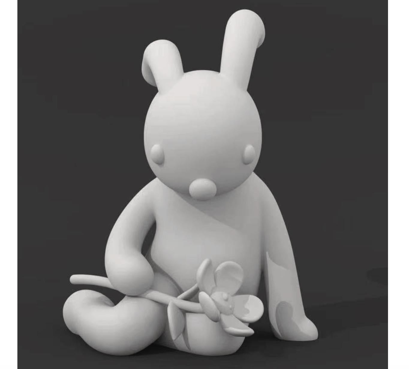 Zhang Zhanzhan Still-Life Sculpture - A Little Shy White Color Rabbit with Flower Fiberglass Out Door Life Size