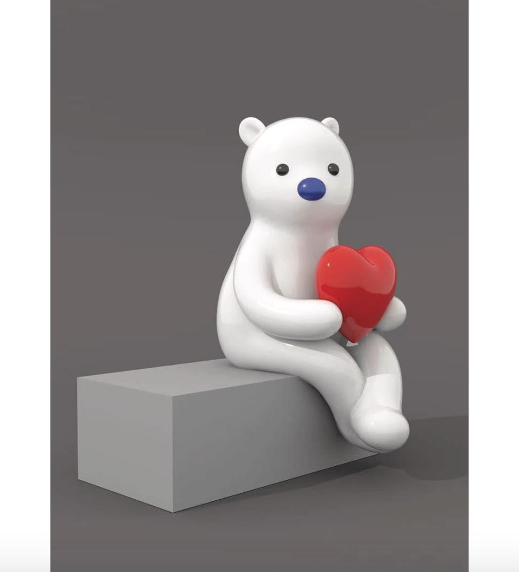 White Bear with A Red Heart Shape Toy Life Size Out Door - Sculpture by Zhang Zhanzhan