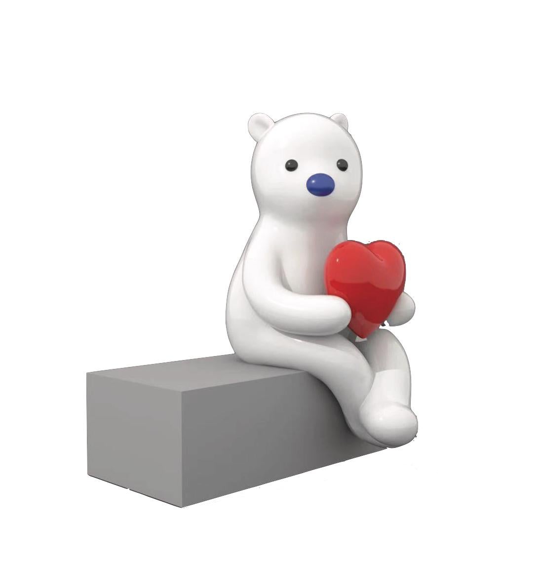 Zhang Zhanzhan Still-Life Sculpture - White Bear with A Red Heart Shape Toy Life Size Out Door