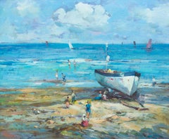 Seascape with Docked Boat and People on Shore