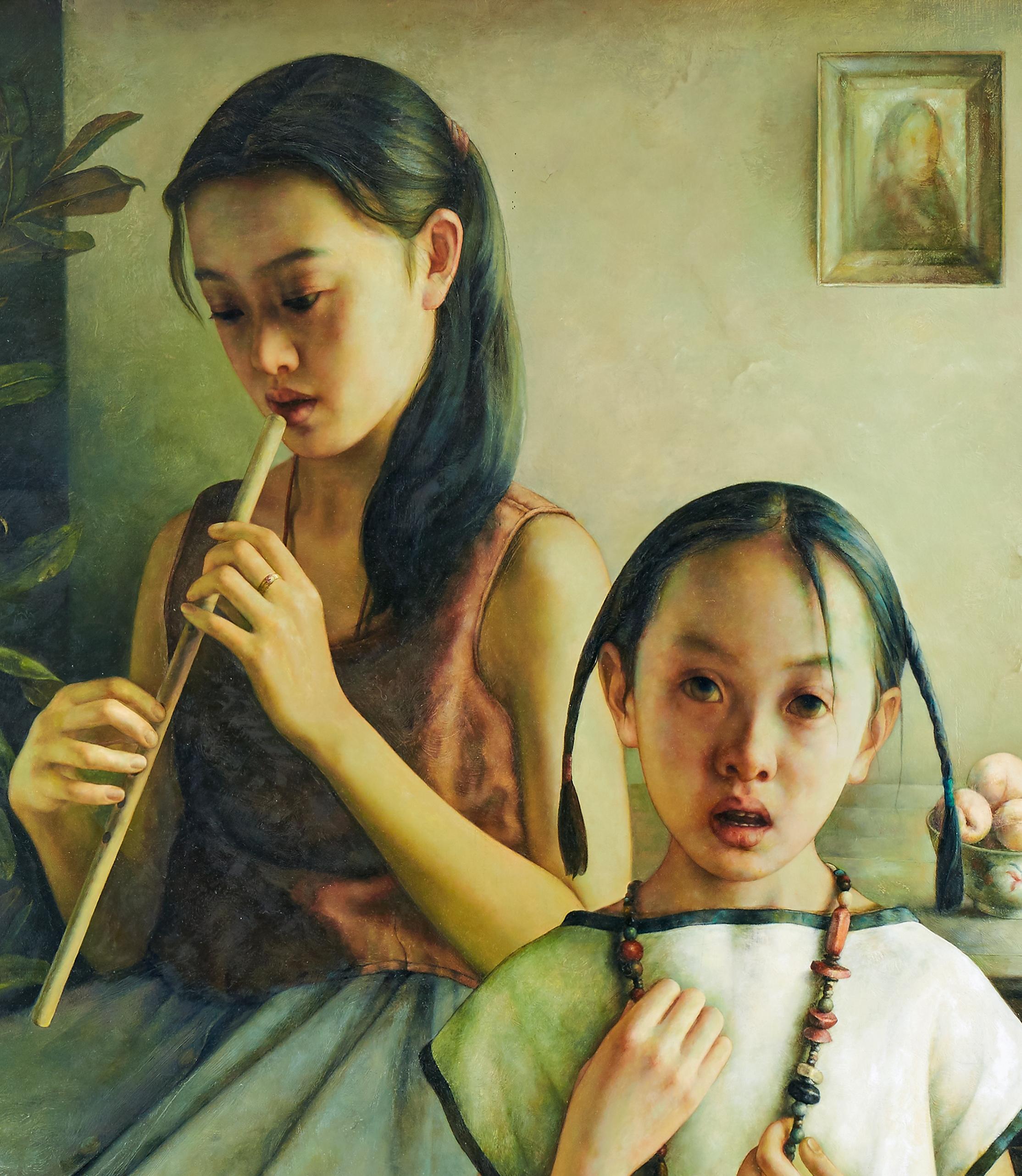 Zhao Kailin (China born 1961)
Interior with two girls. 
Signed and dated Zhao Kailin 1994.1 lower left. 
Oil on canvas, 
Image: 54.75
