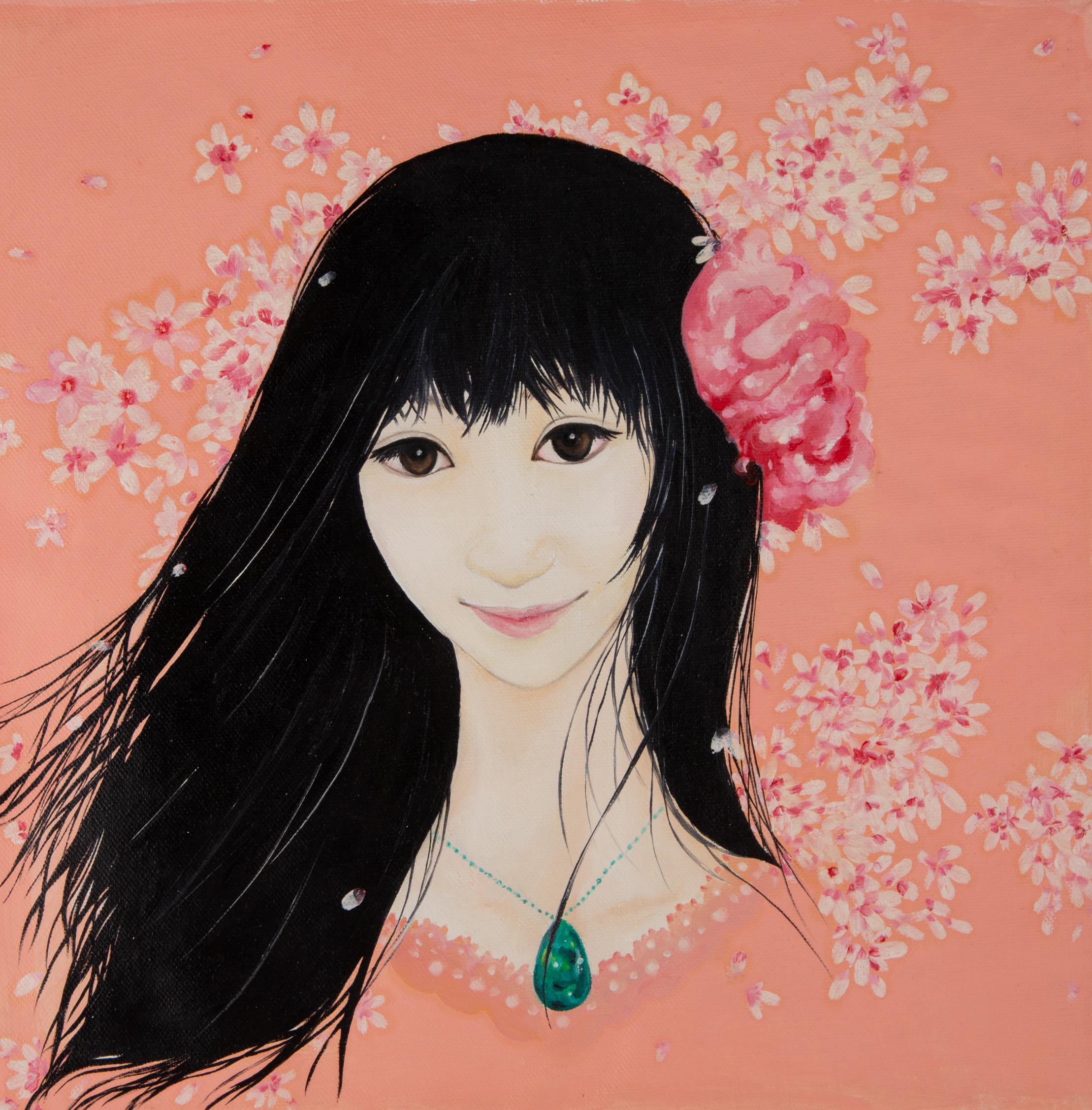 Zhao Wang Portrait Original Oil On Canvas "Woman Under Sakura"
