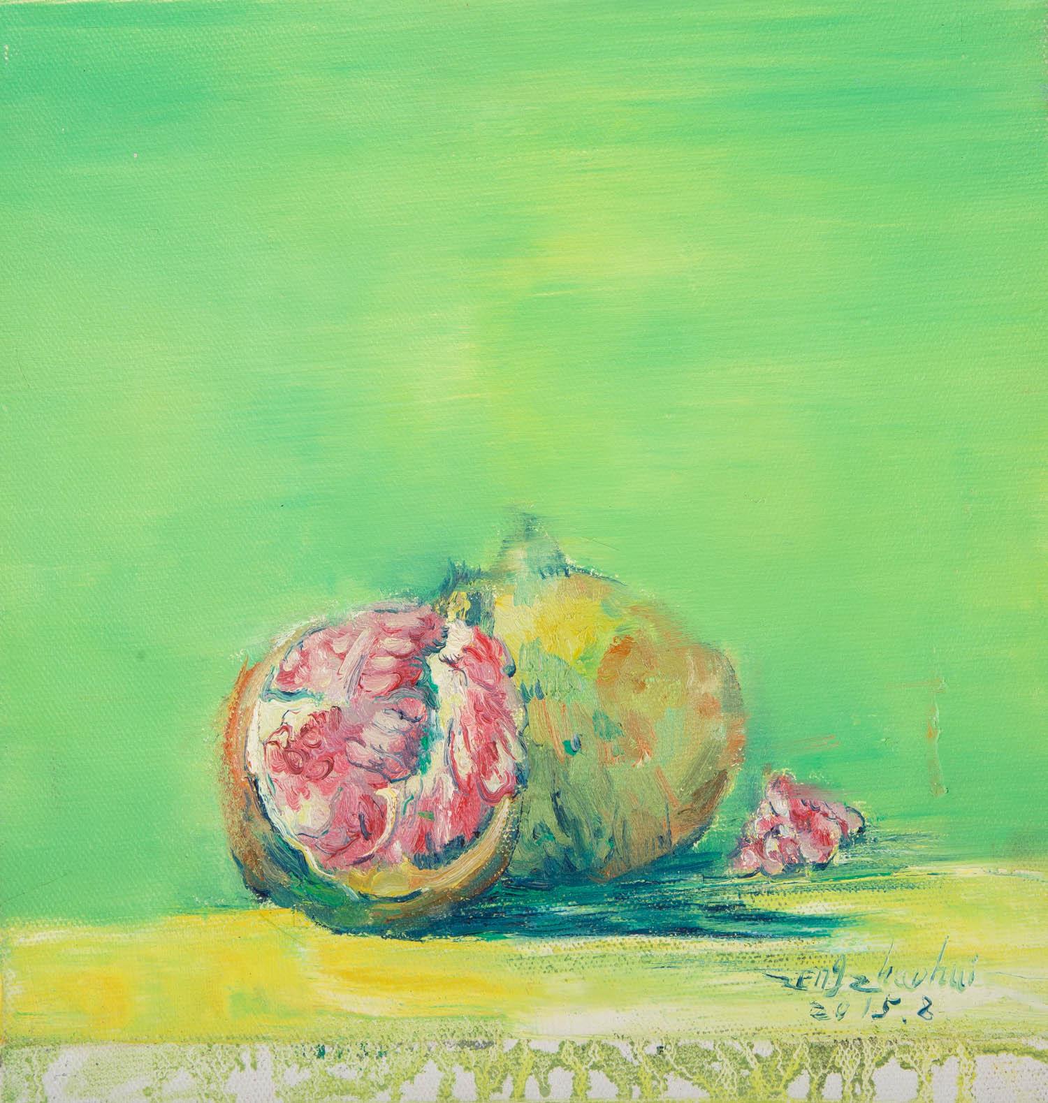  Title: Have Some Pomegranates
 Medium: Oil on canvas
 Size: 12.5 x 12 inches
 Frame: Framing options available!
 Condition: The painting appears to be in excellent condition.
 Note: This painting is unstretched
 Year: 2015
 Artist: Zhaohui Zeng
