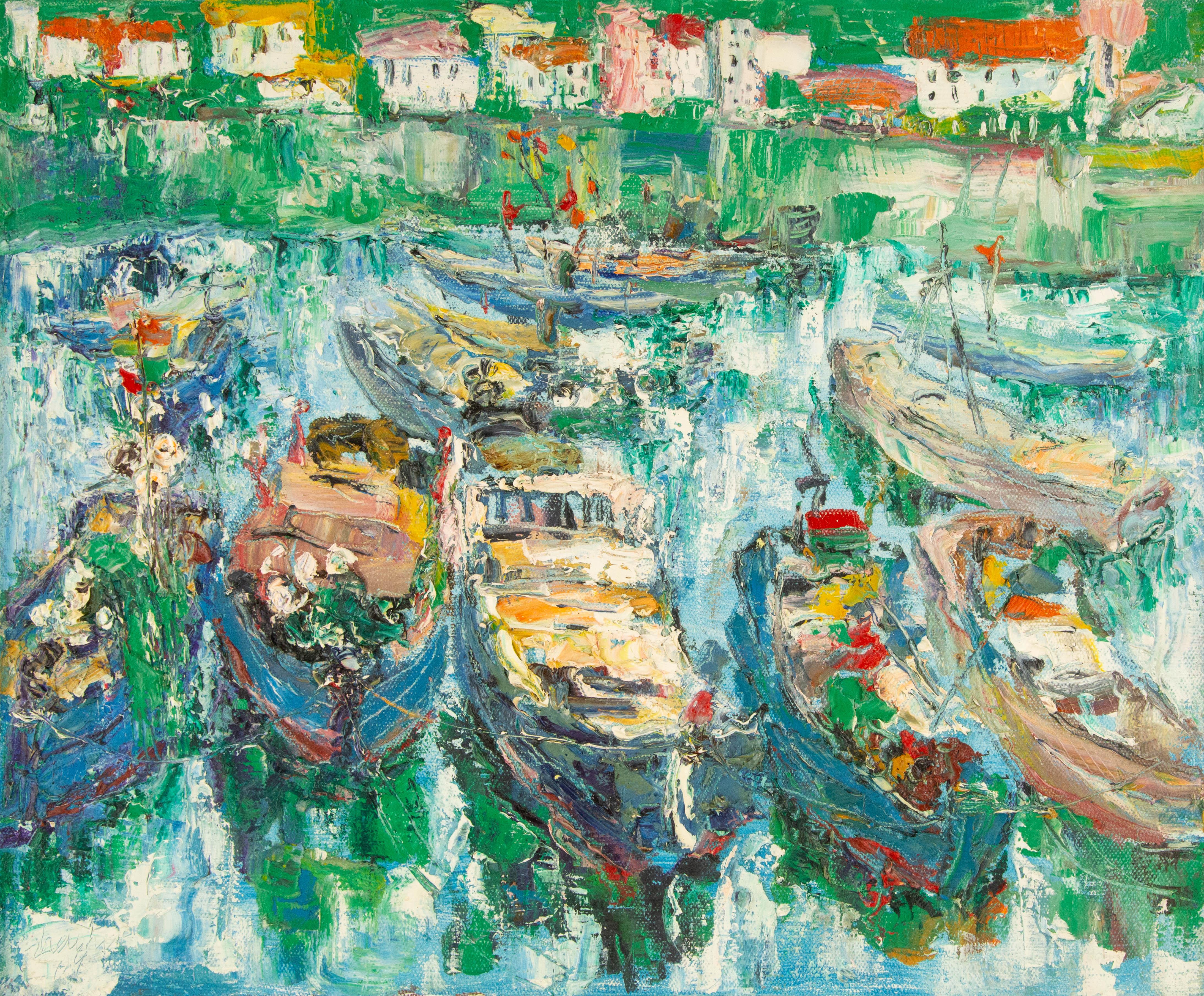  Title: Busy Port
 Medium: Oil on canvas
 Size: 19 x 23.5 inches
 Frame: Framing options available!
 Condition: The painting appears to be in excellent condition.
 Note: This painting is unstretched
 Year: 2012
 Artist: Zhaohui Zeng
 Signature: