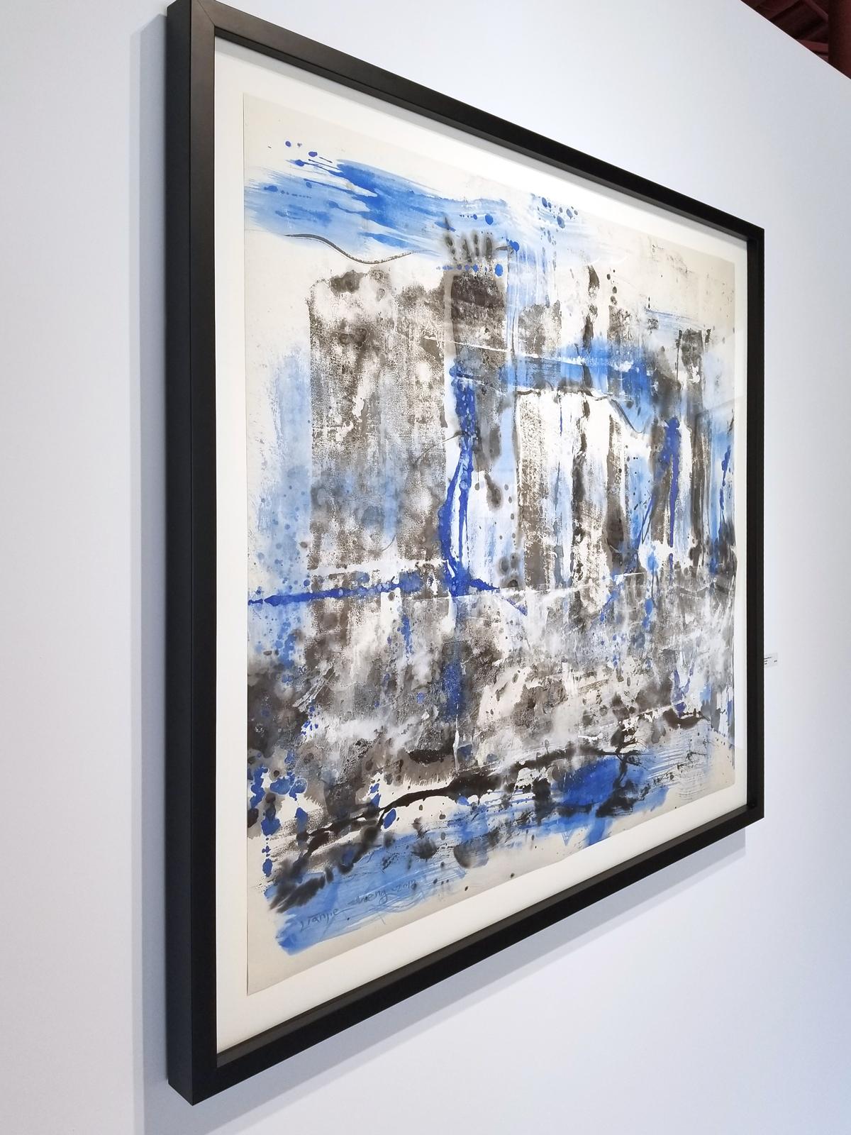 Earlier Mist No. 10 (Abstract painting with blues & blacks, framed paper) - Abstract Expressionist Painting by Zheng Lianjie