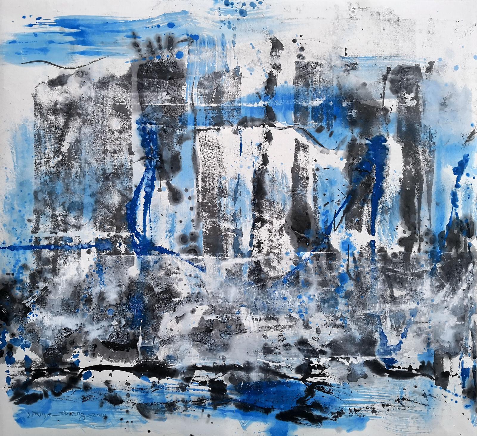 Zheng Lianjie Abstract Painting - Earlier Mist No. 10 (Abstract painting with blues & blacks, framed paper)