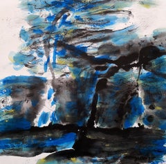 Spring in Entral Park No2 (Abstract painting with blues & blacks on paper)
