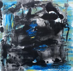 Spring in Entral Park No3 (Abstract painting with blues & blacks on paper)