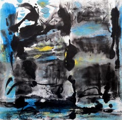 Spring in Entral Park No4 (Abstract painting with blues & blacks on paper)