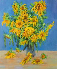 Zhenpeng Zhou Floral Original Oil On Canvas "Sunflowers-Blue"