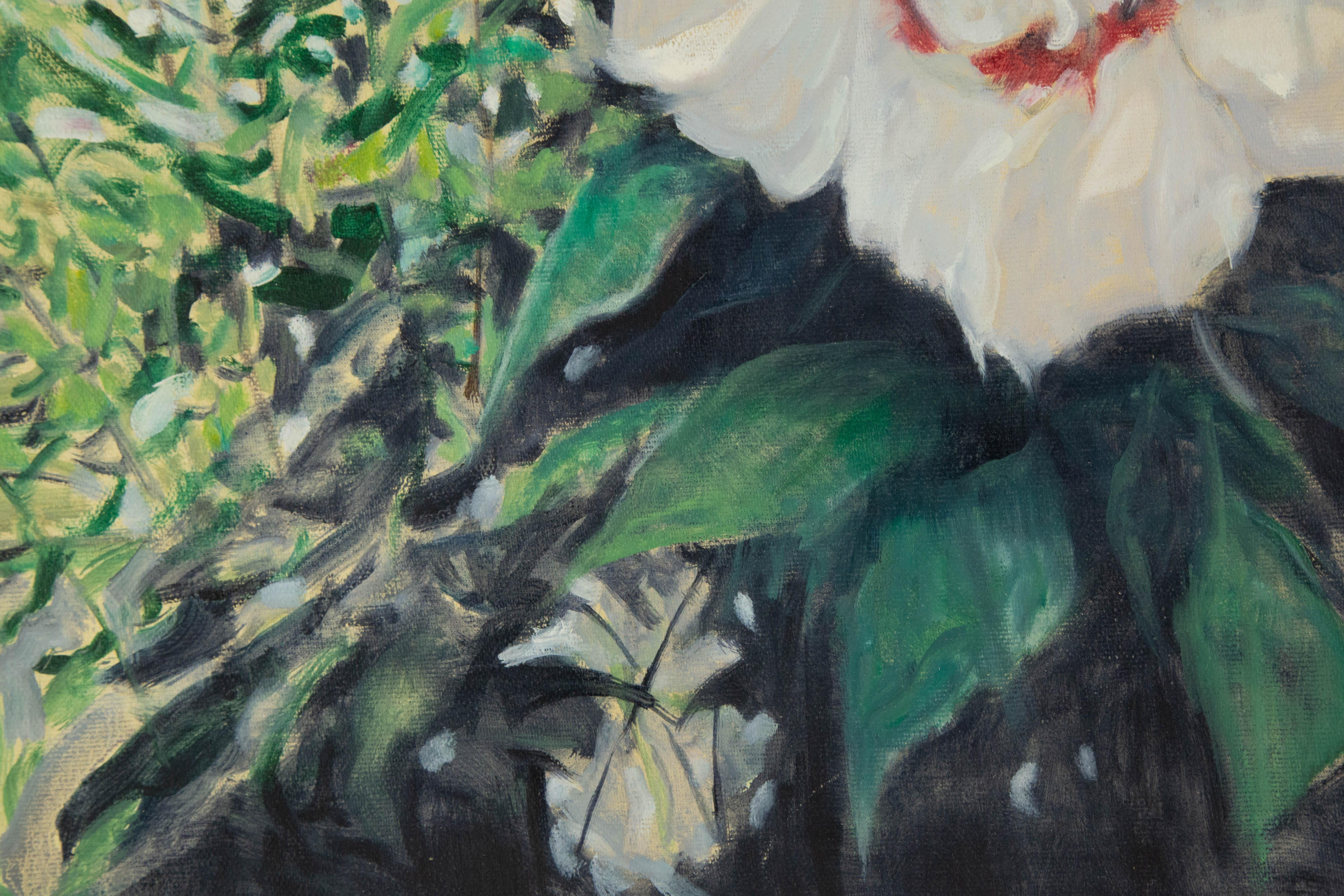 Huile originale sur toile Hibiscus blanc « ZhenPeng Zhou Floral » - Gris Landscape Painting par Zhenpeng Zhou