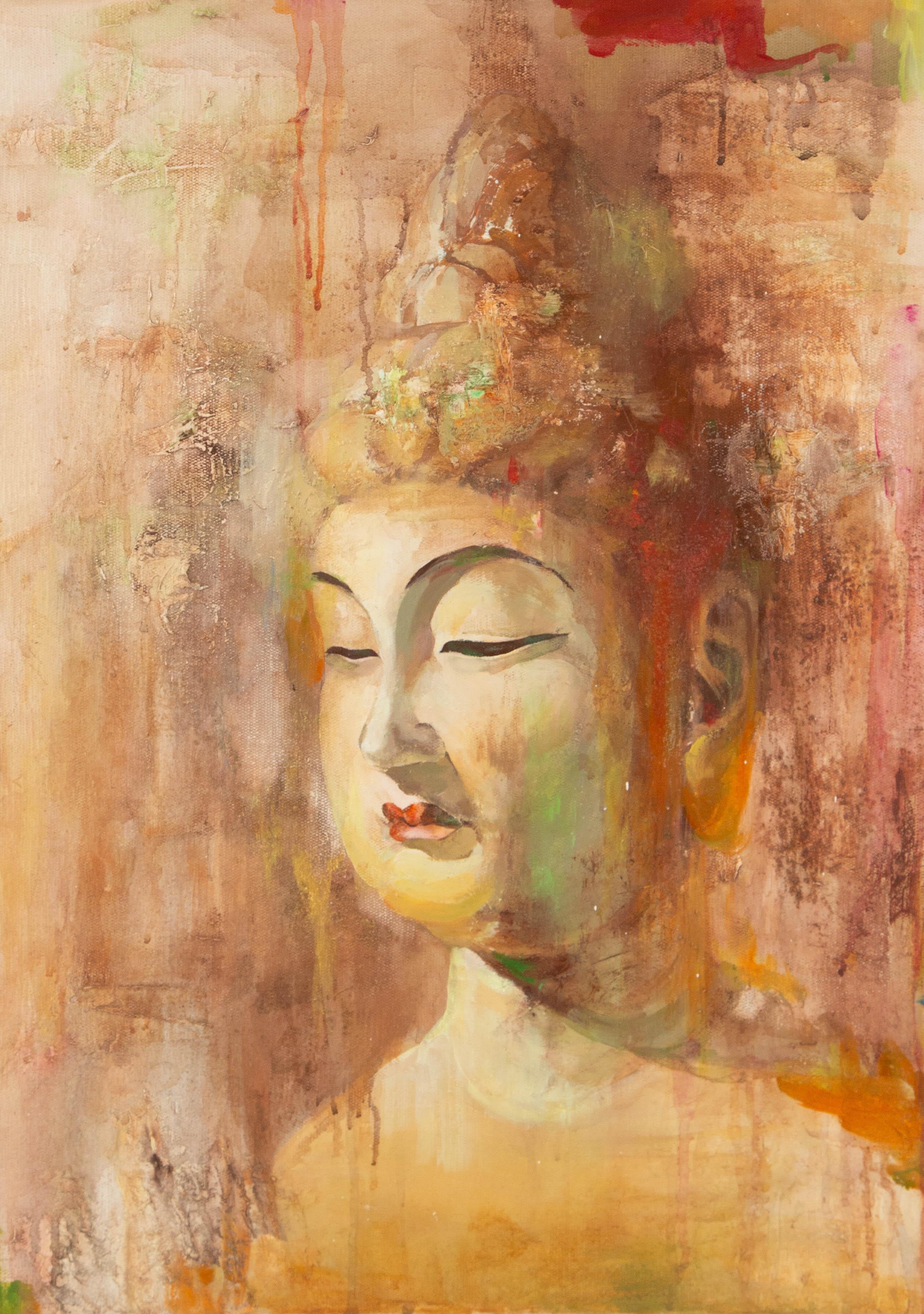 Zhenpeng Zhou Portrait Original Mixed Media "Buddha Head" (Tête de Bouddha)