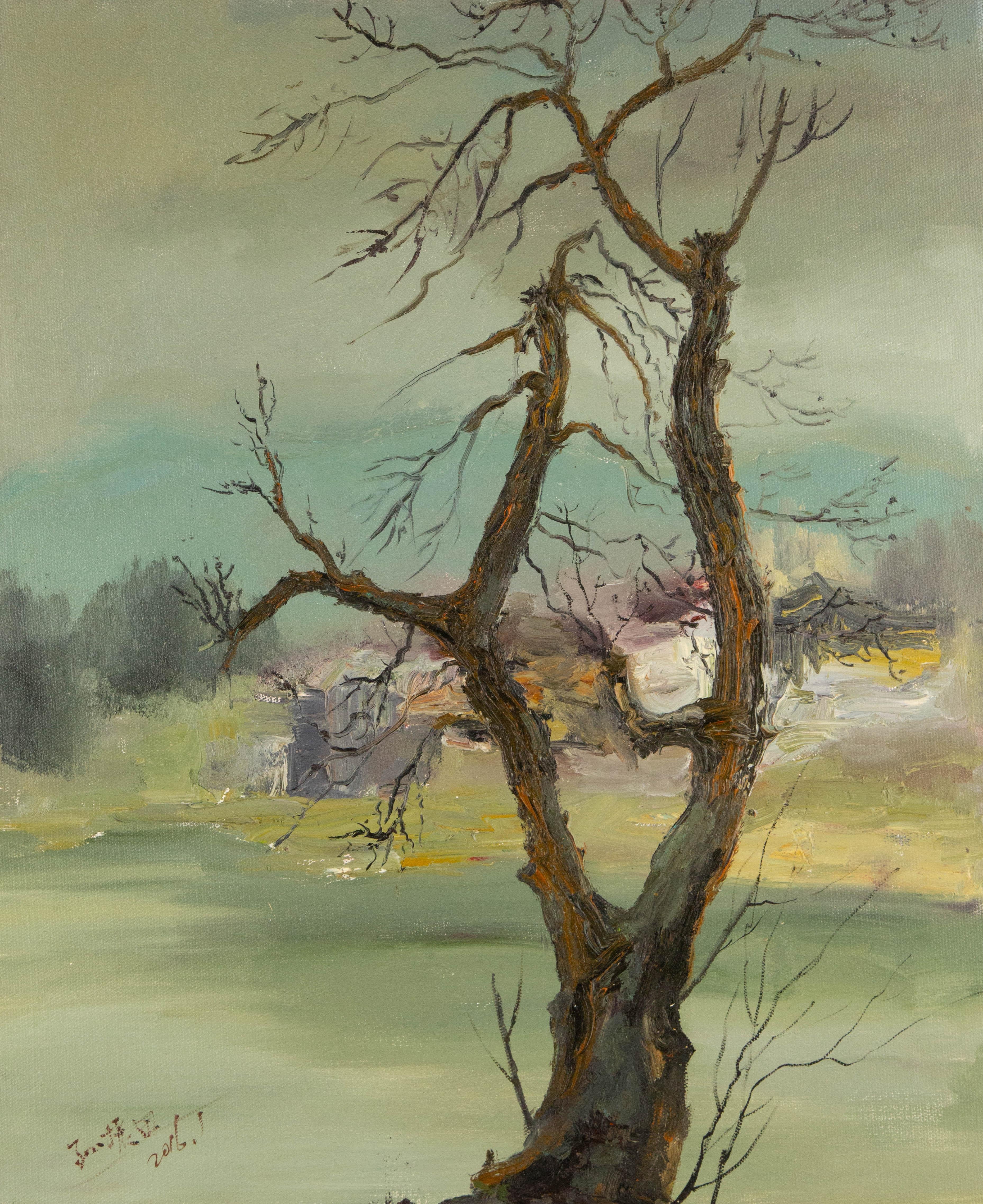 ZhenTain Sonnenlandschaft Original Ölgemälde auf Leinwand „Der alte Baum“
