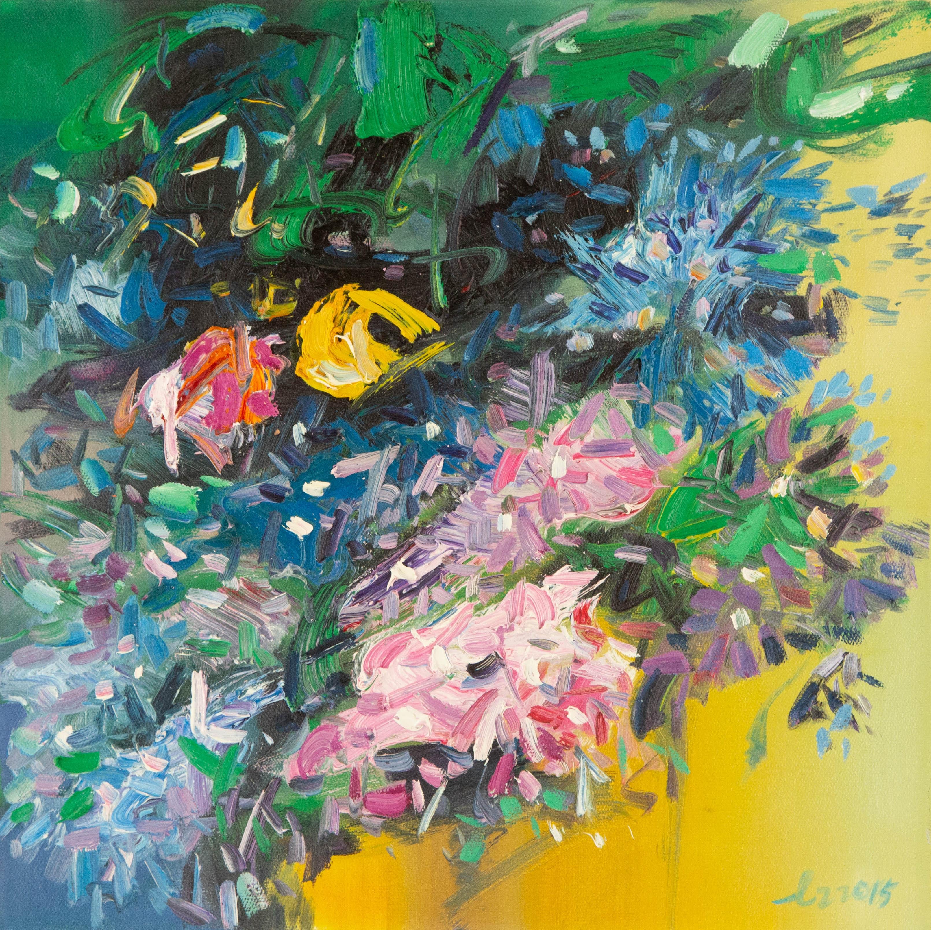  Title: Flower
 Medium: Oil on canvas
 Size: 15.5 x 15 inches
 Frame: Framing options available!
 Condition: The painting appears to be in excellent condition.
 Note: This painting is unstretched
 Year: 2015
 Artist: Zhenzhong Liu
 Signature: