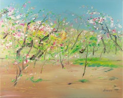 Zhenzhong Liu Olio originale su tela "Fiori di pesco in primavera".