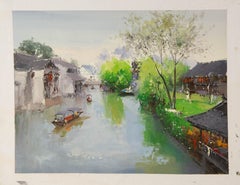 Zhikai Zhou Paisaje Original Óleo Sobre Lienzo "Hermosos días en Jiangnan"