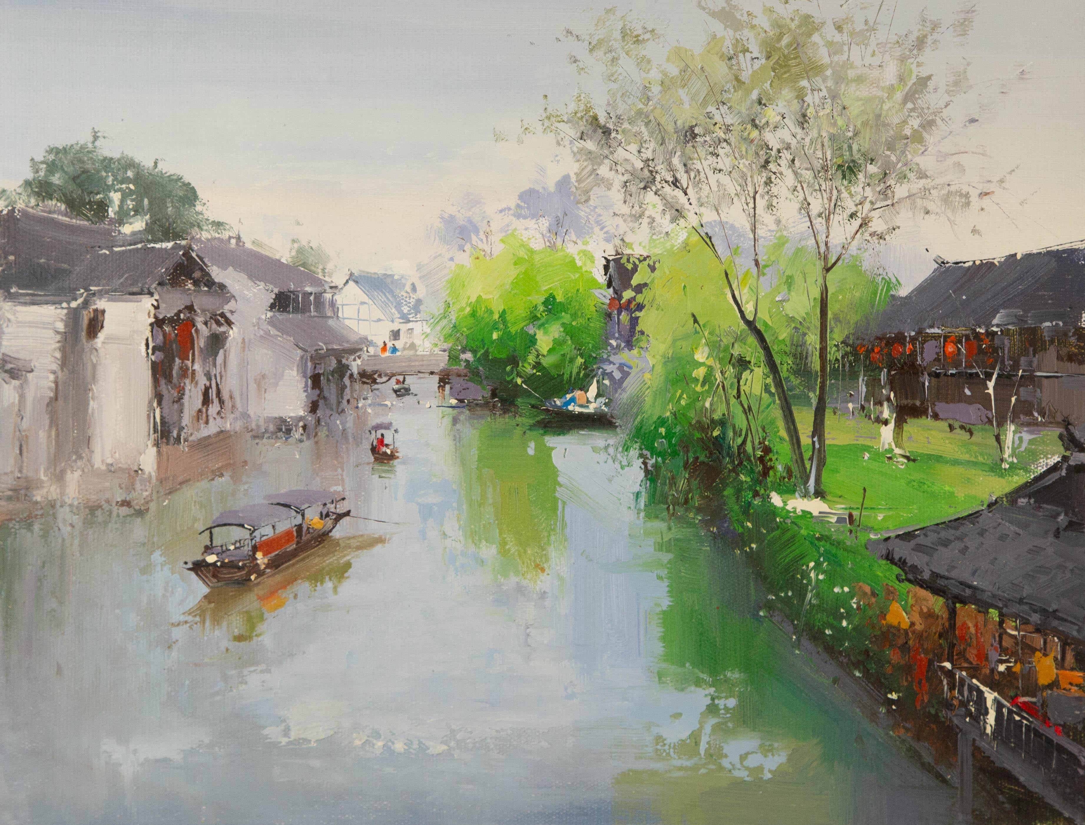 Zhikai Zhou Landscape Original Oil On Canvas "Beautiful Days in Jiangnan"