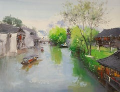 Zhikai Zhou Paisaje Original Óleo Sobre Lienzo "Hermosos días en Jiangnan"