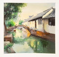 Zhikai Zhou Landscape Original Oil On Canvas "Bridge"