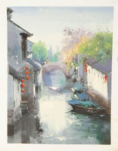 Zhikai Zhou Paisaje acuático Óleo original sobre lienzo "Jiangnan I"